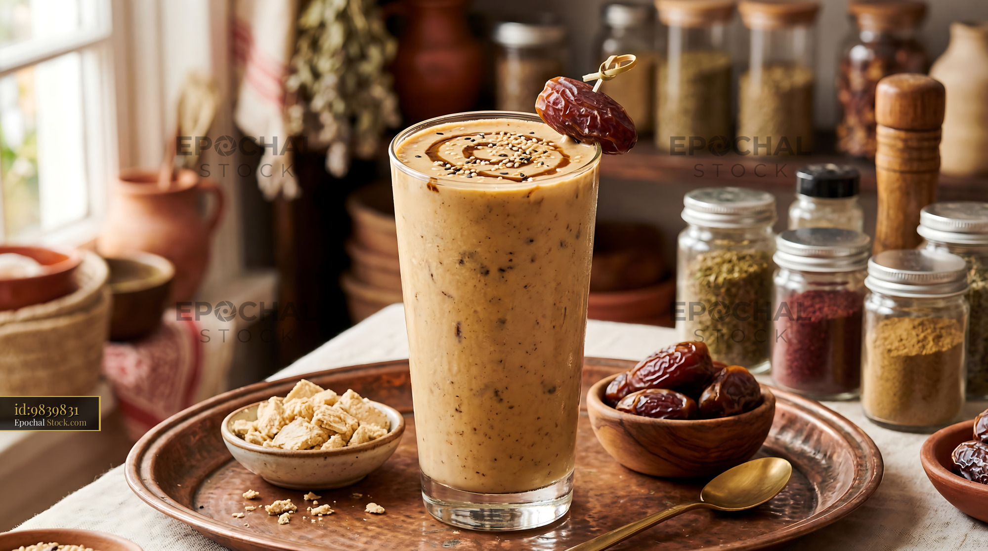 Tahini Date Shake with Garnished Date - stock photo