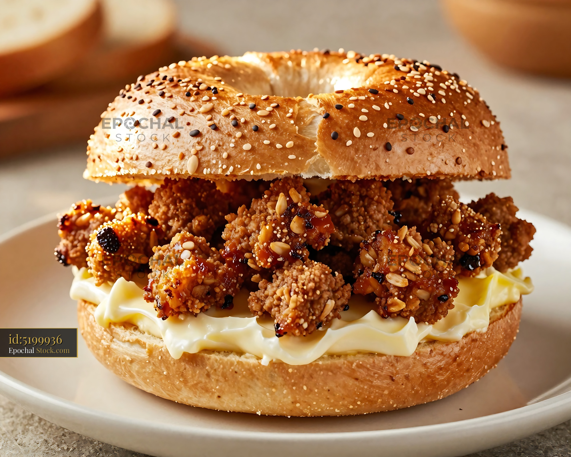 Goetta Sandwich on Sesame Bagel - stock photo