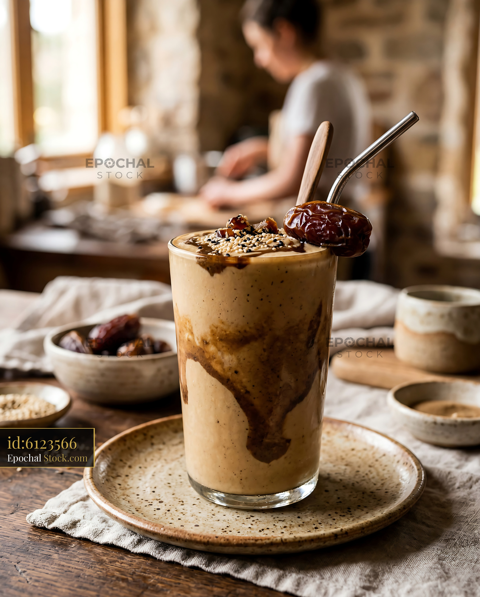 Tahini Date Shake with Sesame Sprinkles - stock photo