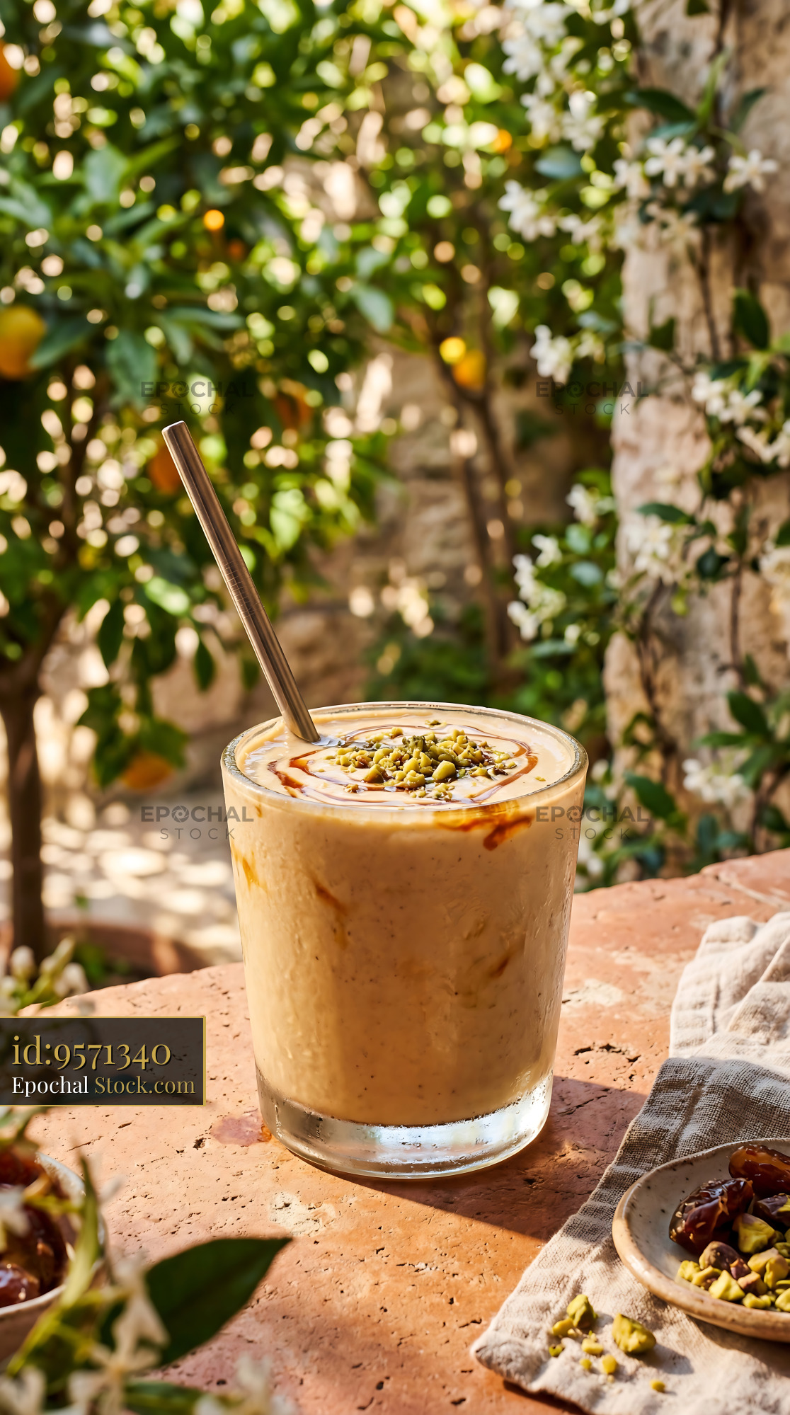 Tahini Date Shake with Pistachios, Mediterranean Setting - stock photo
