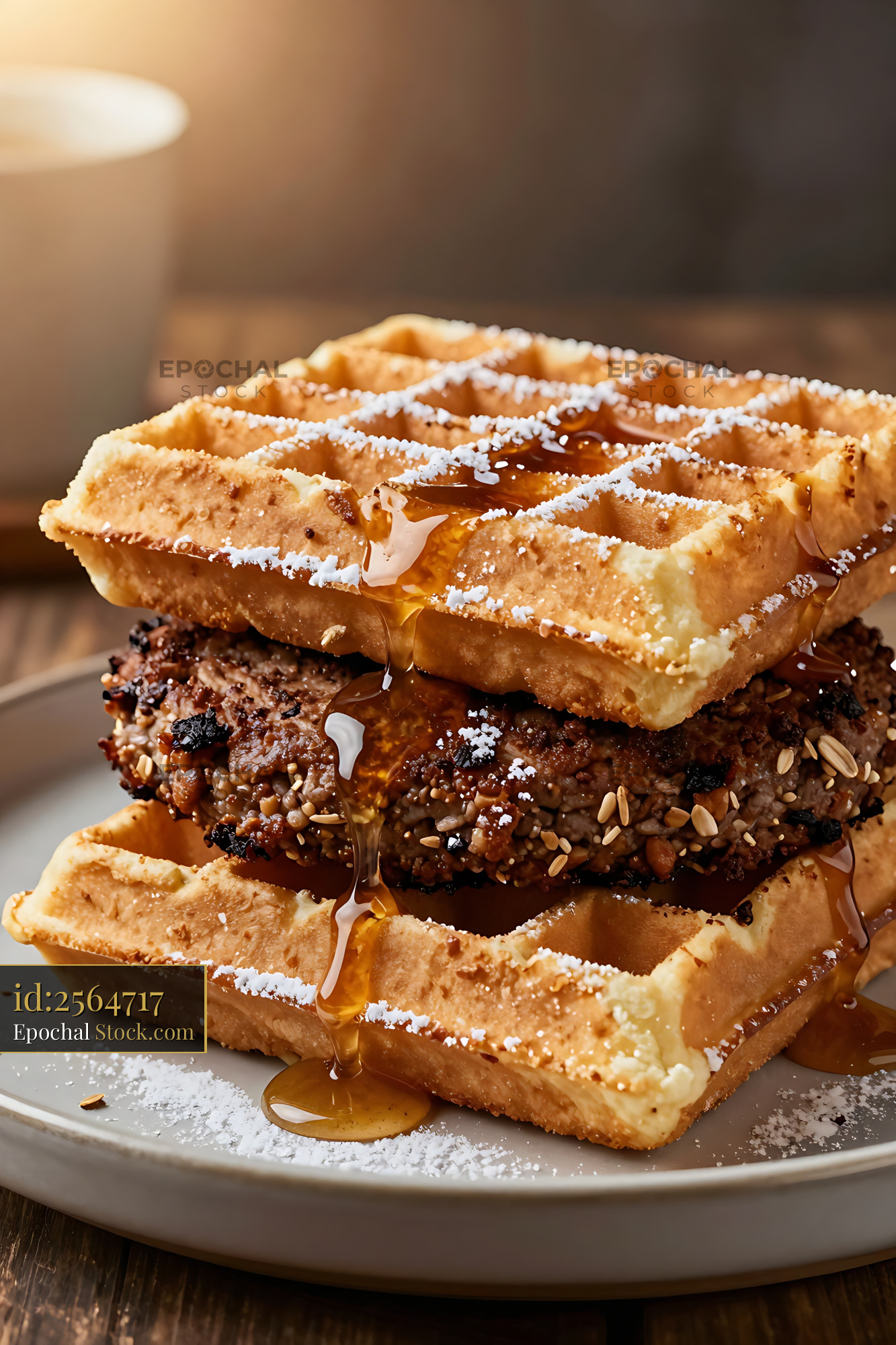 Goetta Waffle Sandwich with Maple Syrup - stock photo