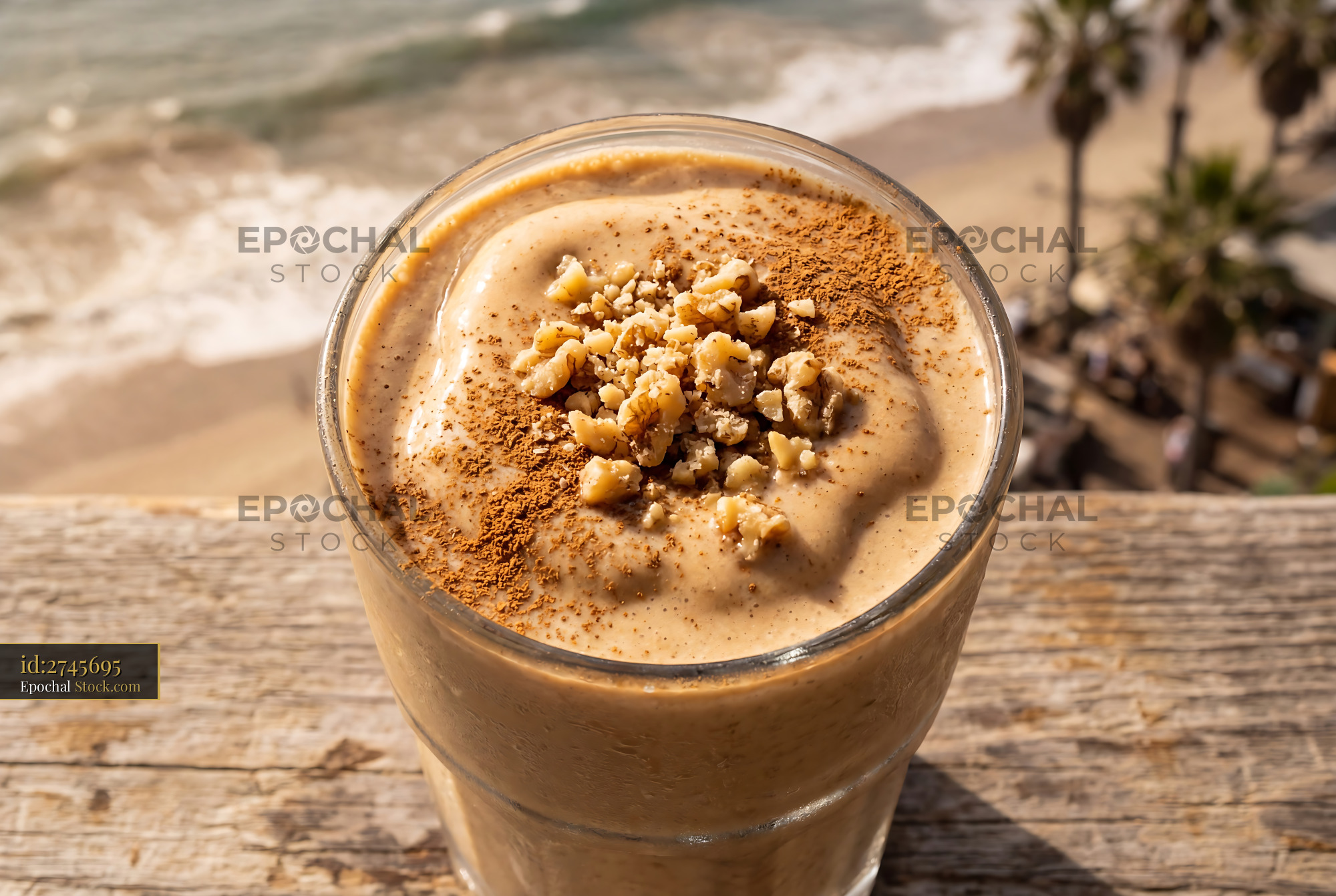 Tahini Date Shake with Walnuts at Beach - stock photo