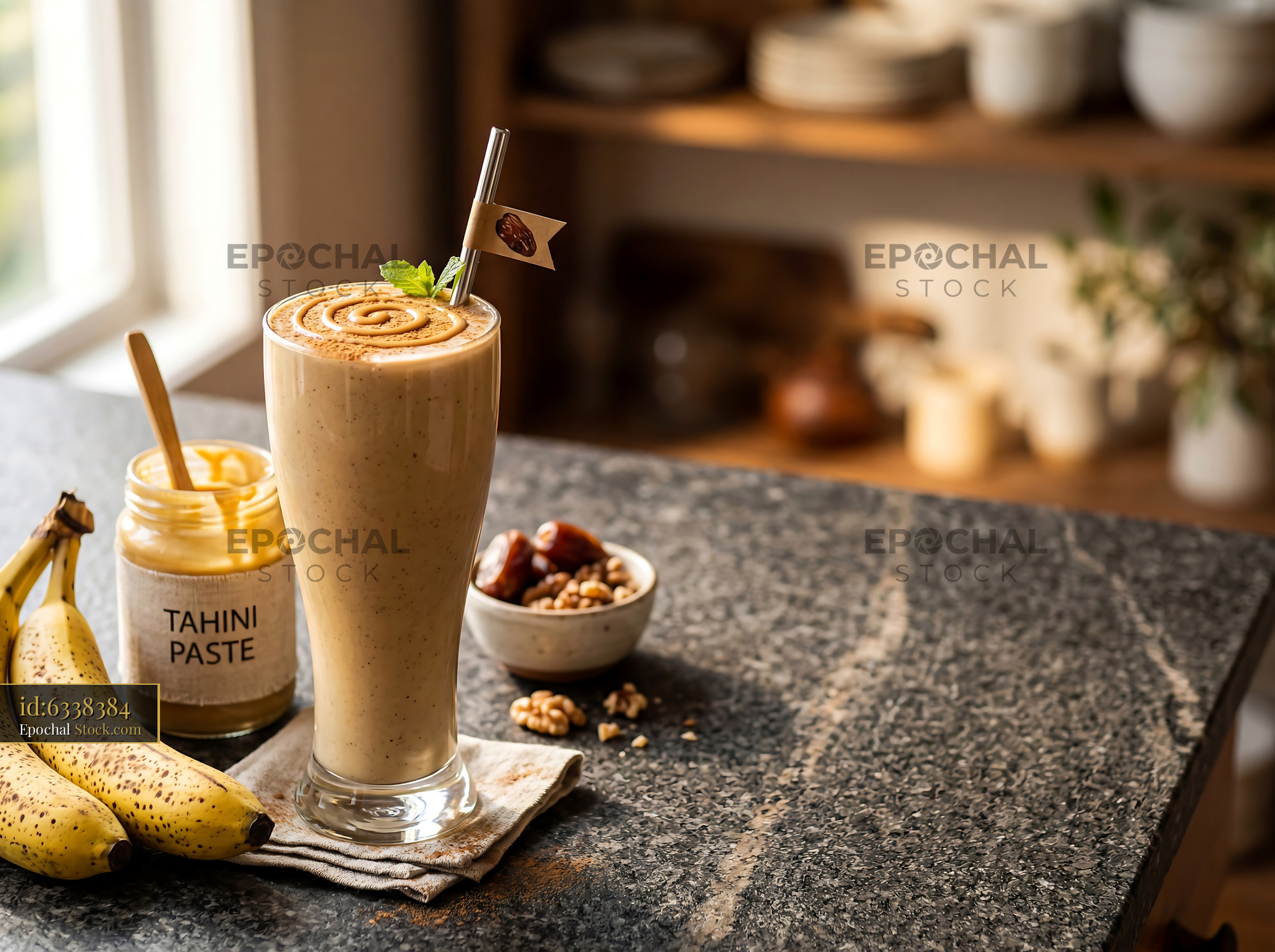 Tahini Date Shake with Banana and Nuts - stock photo