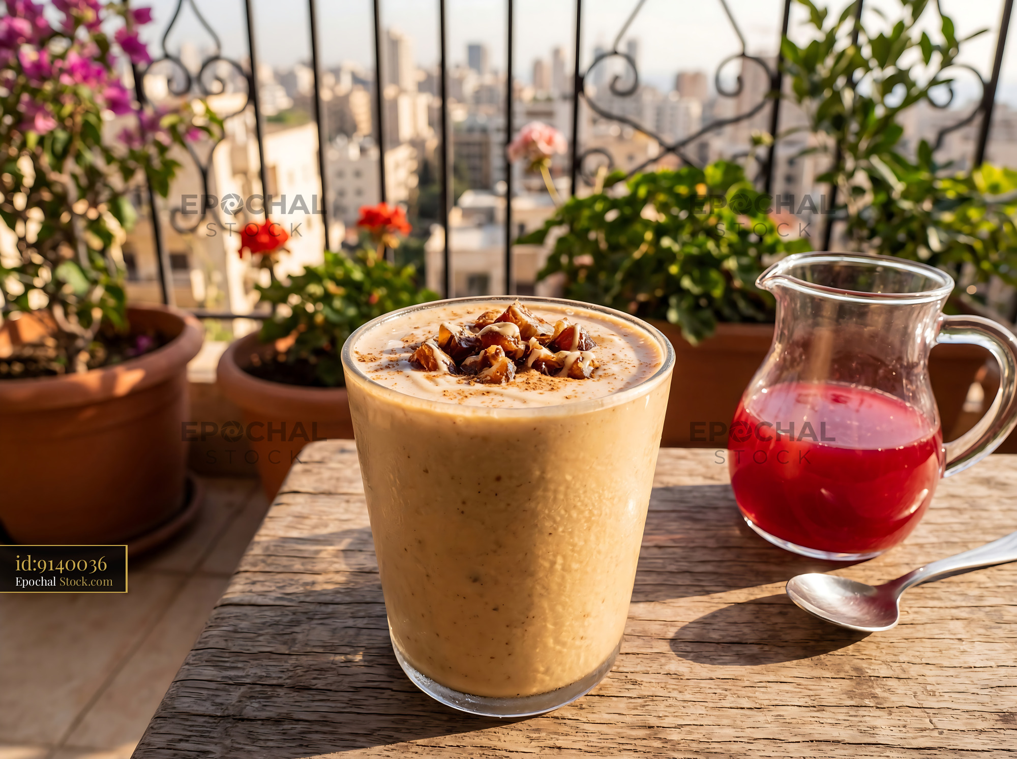 Creamy Tahini Date Shake on Rooftop Terrace - stock photo