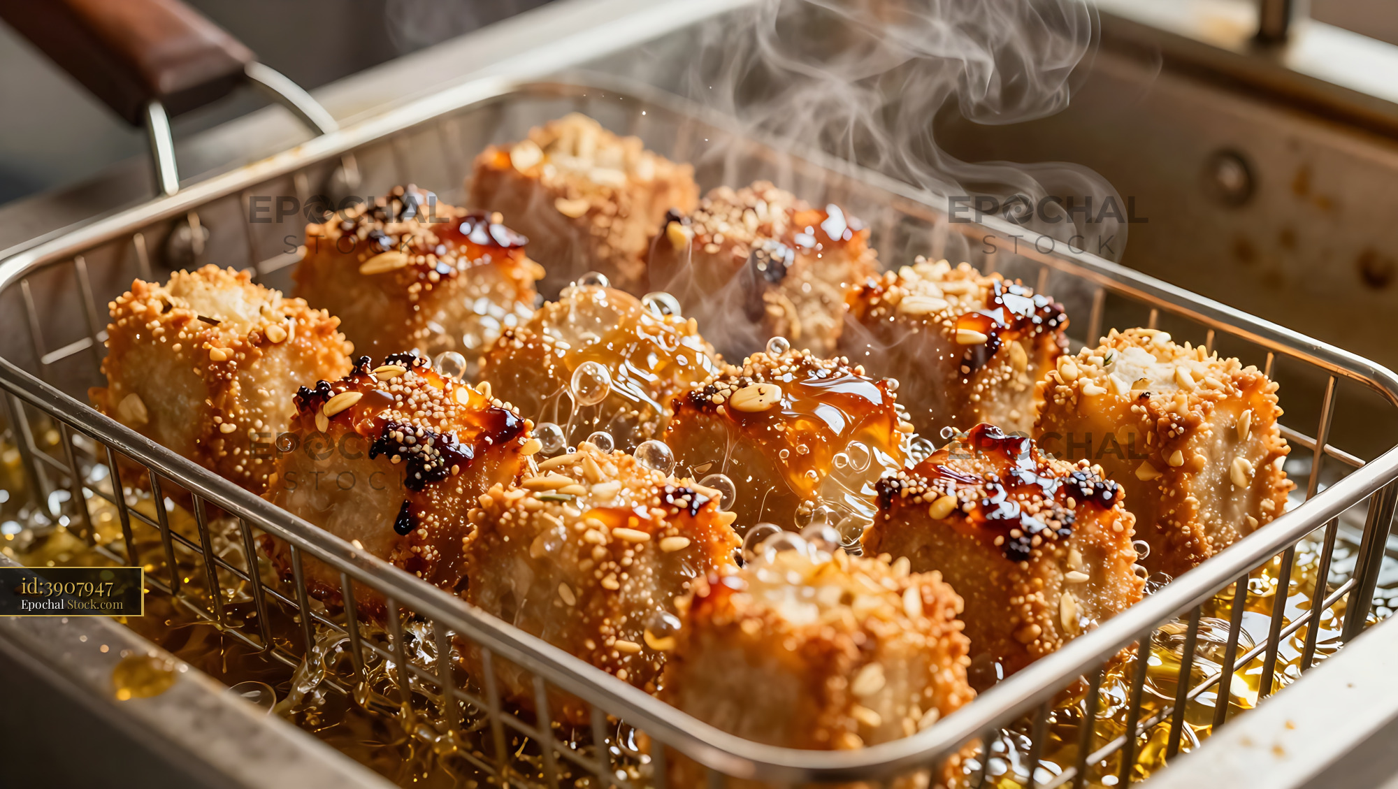 Golden Goetta Balls Frying in Hot Oil, Traditional Cincinnati Street Food - stock photo
