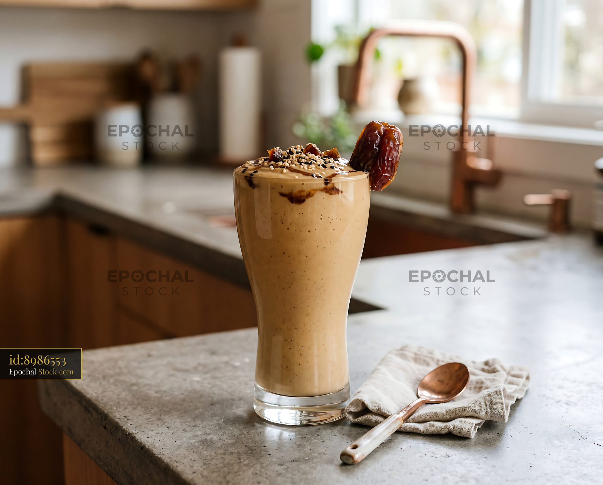 Tahini Date Shake with Granola in Modern Kitchen - stock photo