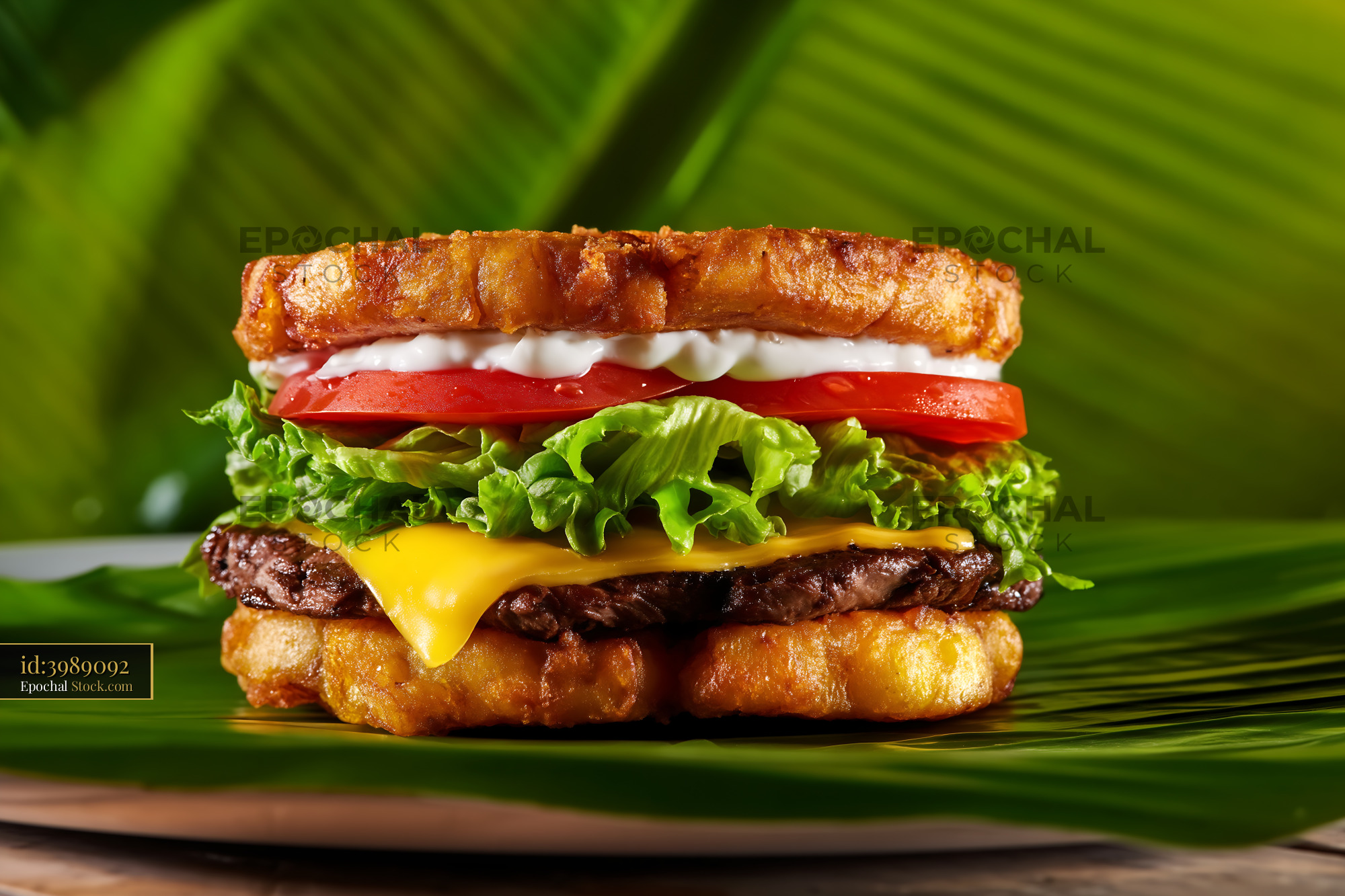 Jibarito Burger with Crispy Fried Plantain Bread and Fresh Toppings - stock photo