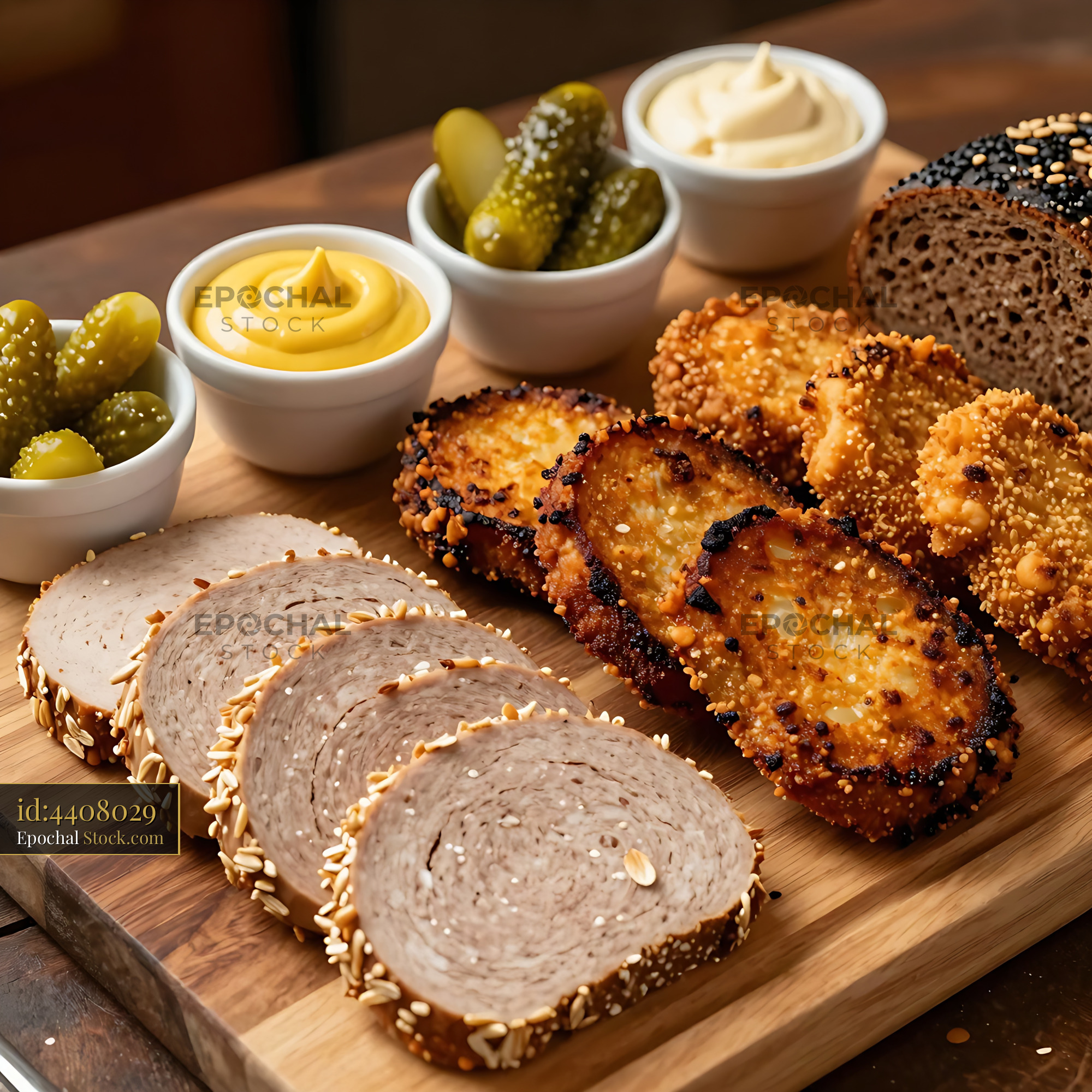 Goetta Slices with Pickles, Mayo and Rye Bread Charcuterie Board - stock photo