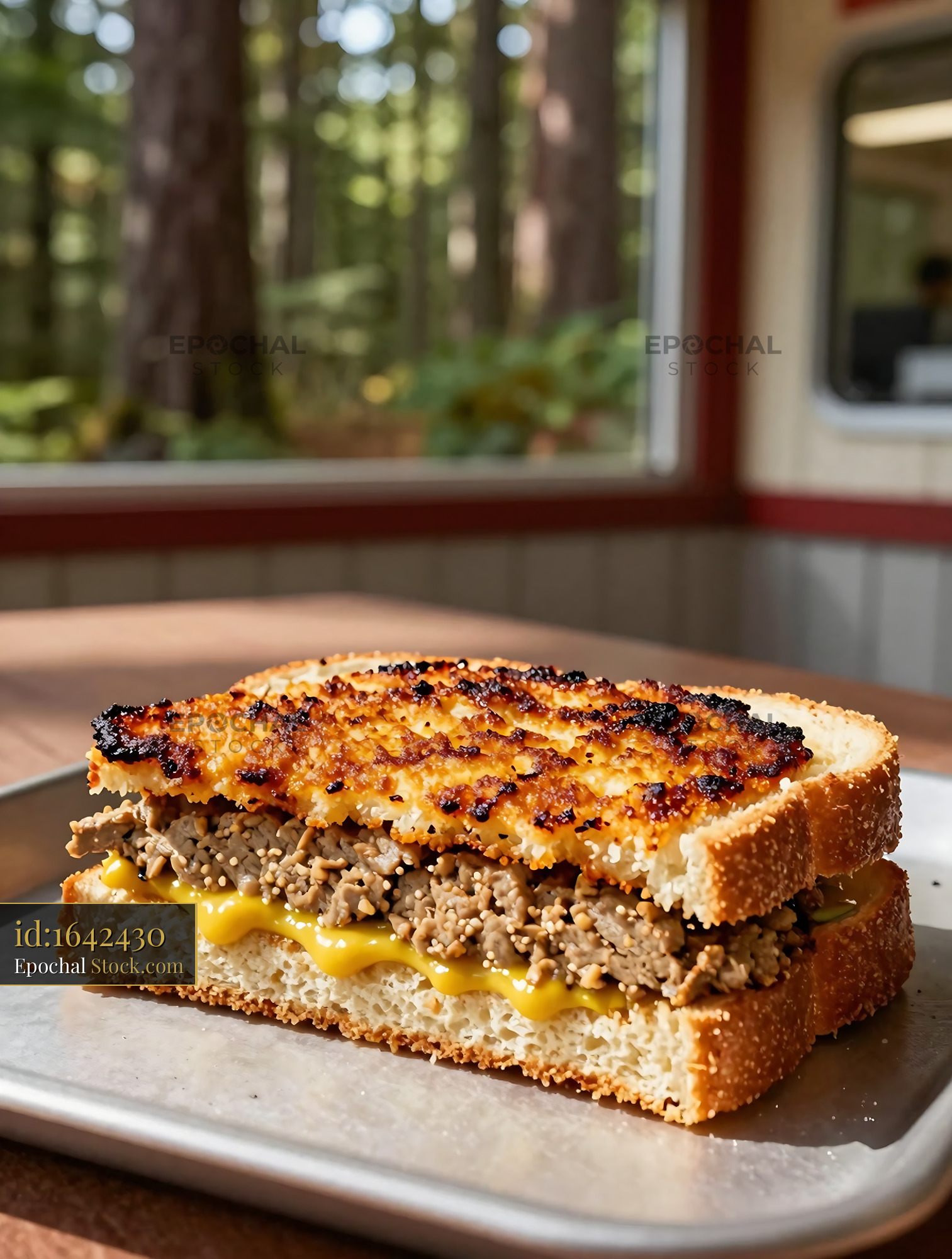 Livermush Sandwich on Seasoned Toast by Window - stock photo