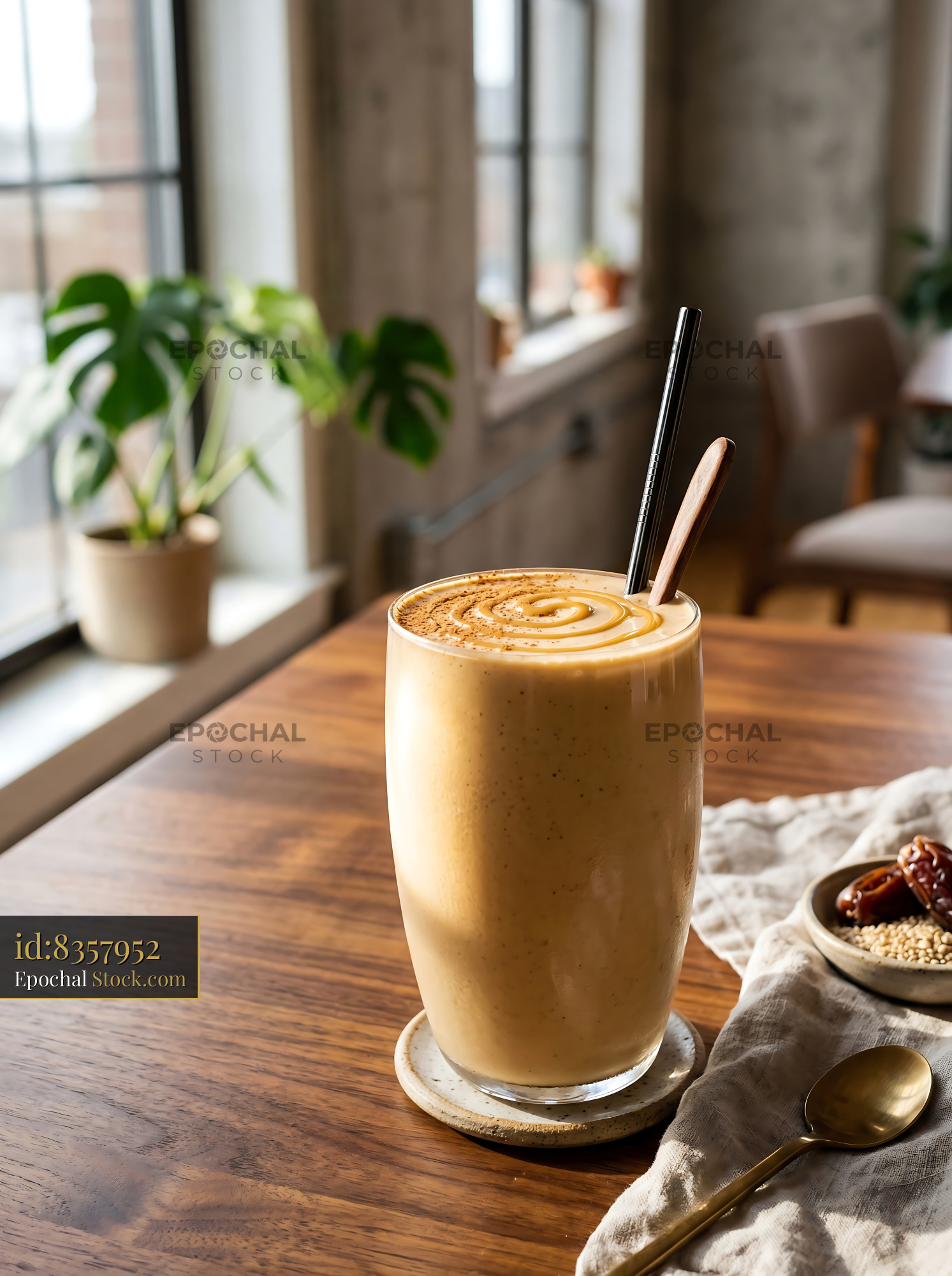 Tahini Date Shake with Latte Art in Caf? - stock photo