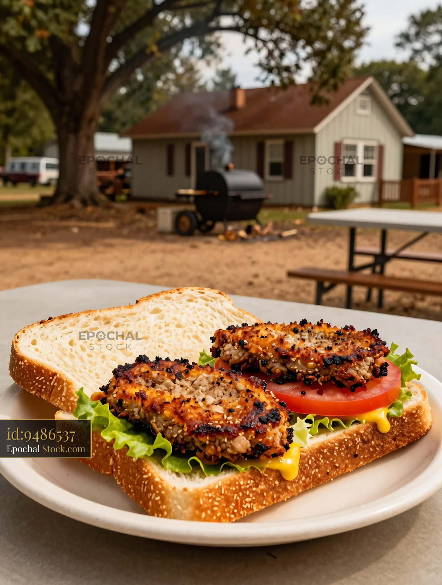 Livermush Sandwich on Sesame Buns with Farm Background - stock photo