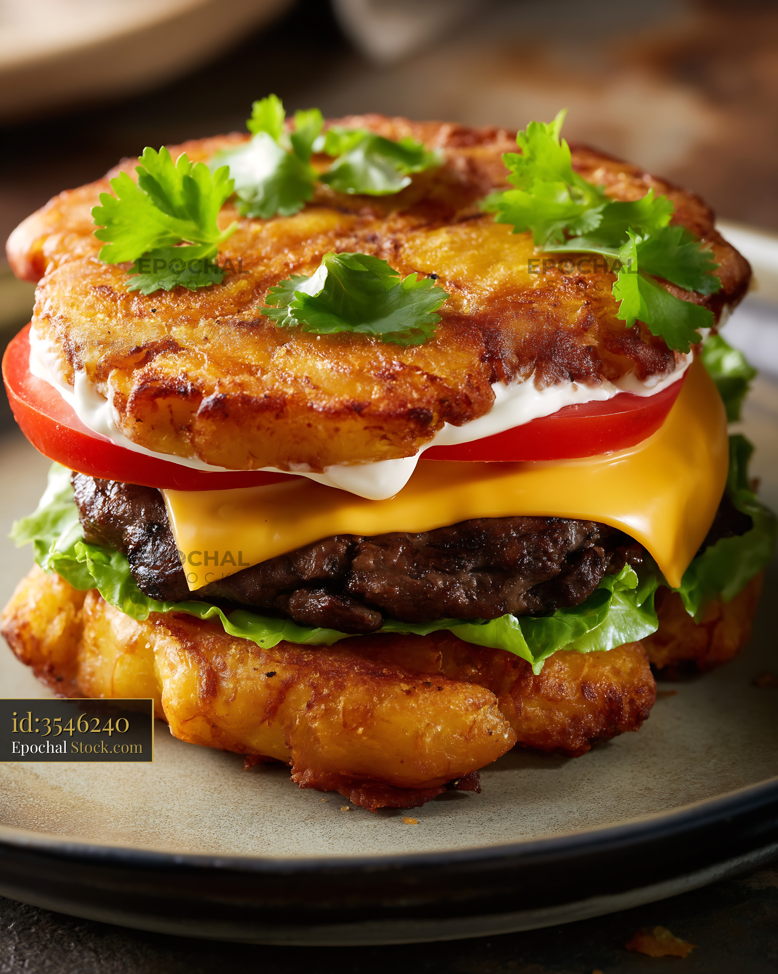 Gourmet Jibarito Burger with Crispy Fried Plantain Bun and Fresh Cilantro - stock photo