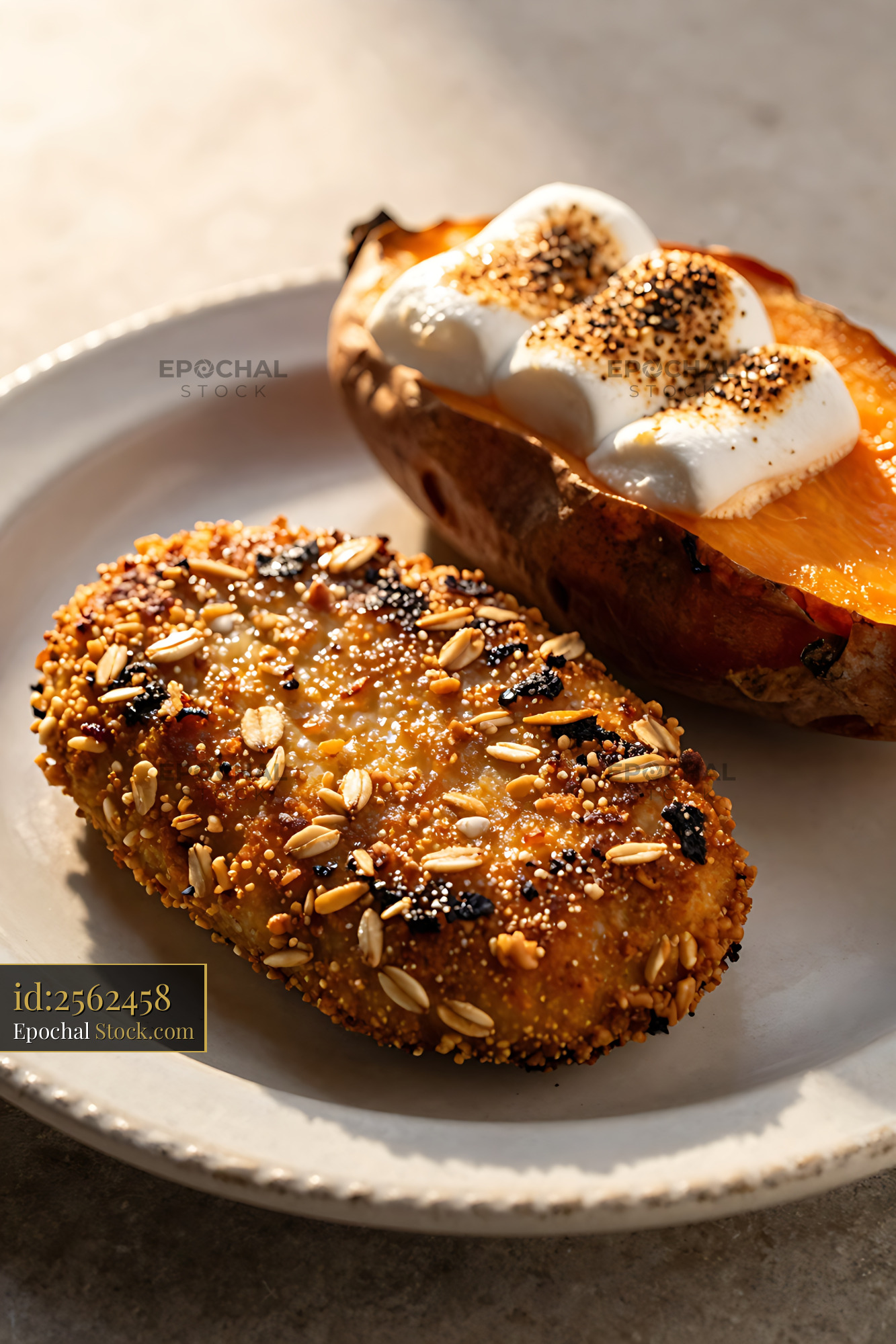Crispy Goetta with Sweet Potato and Whipped Topping - stock photo