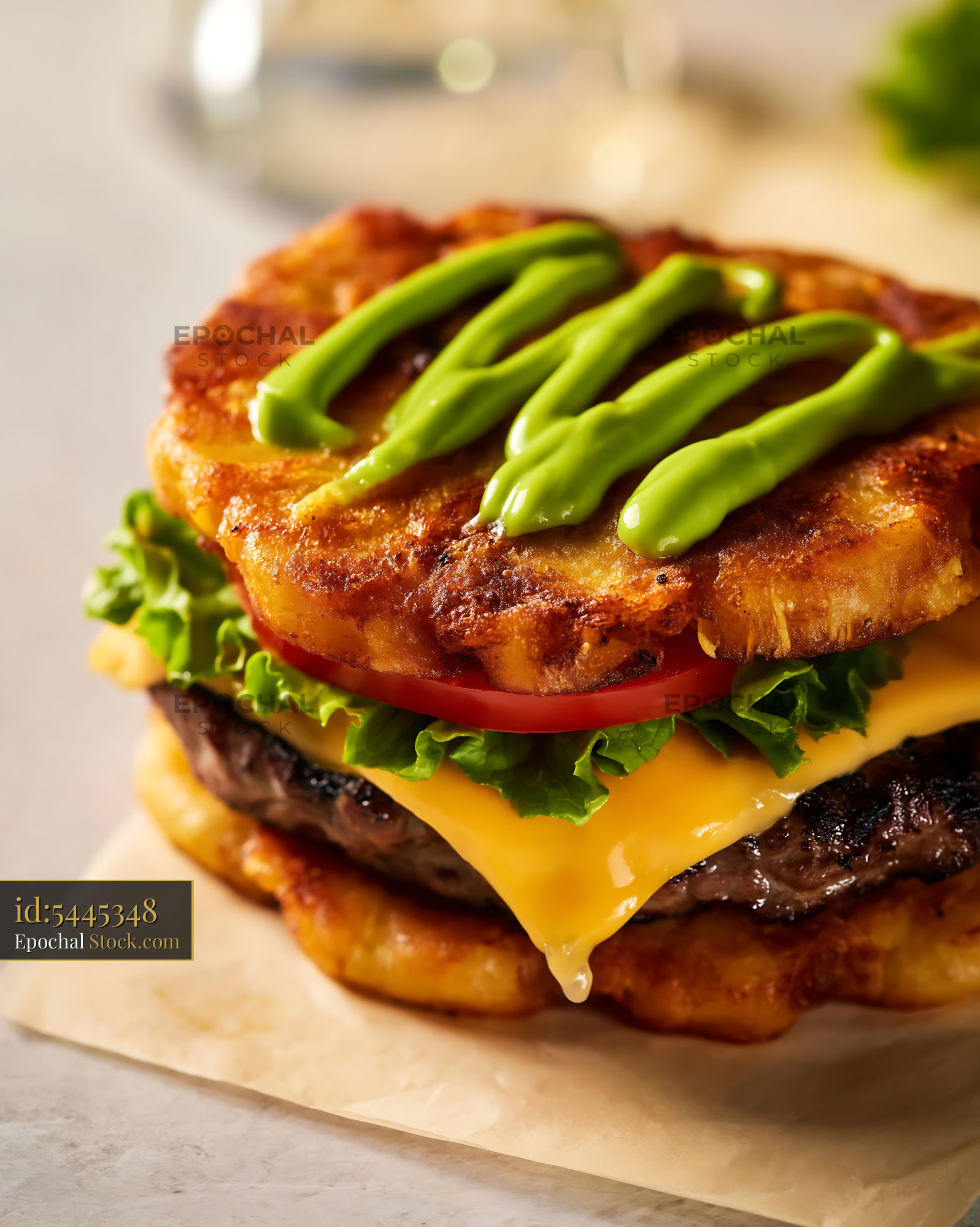 Golden Jibarito Burger with Melted Cheese, Tomato and Green Onions - stock photo