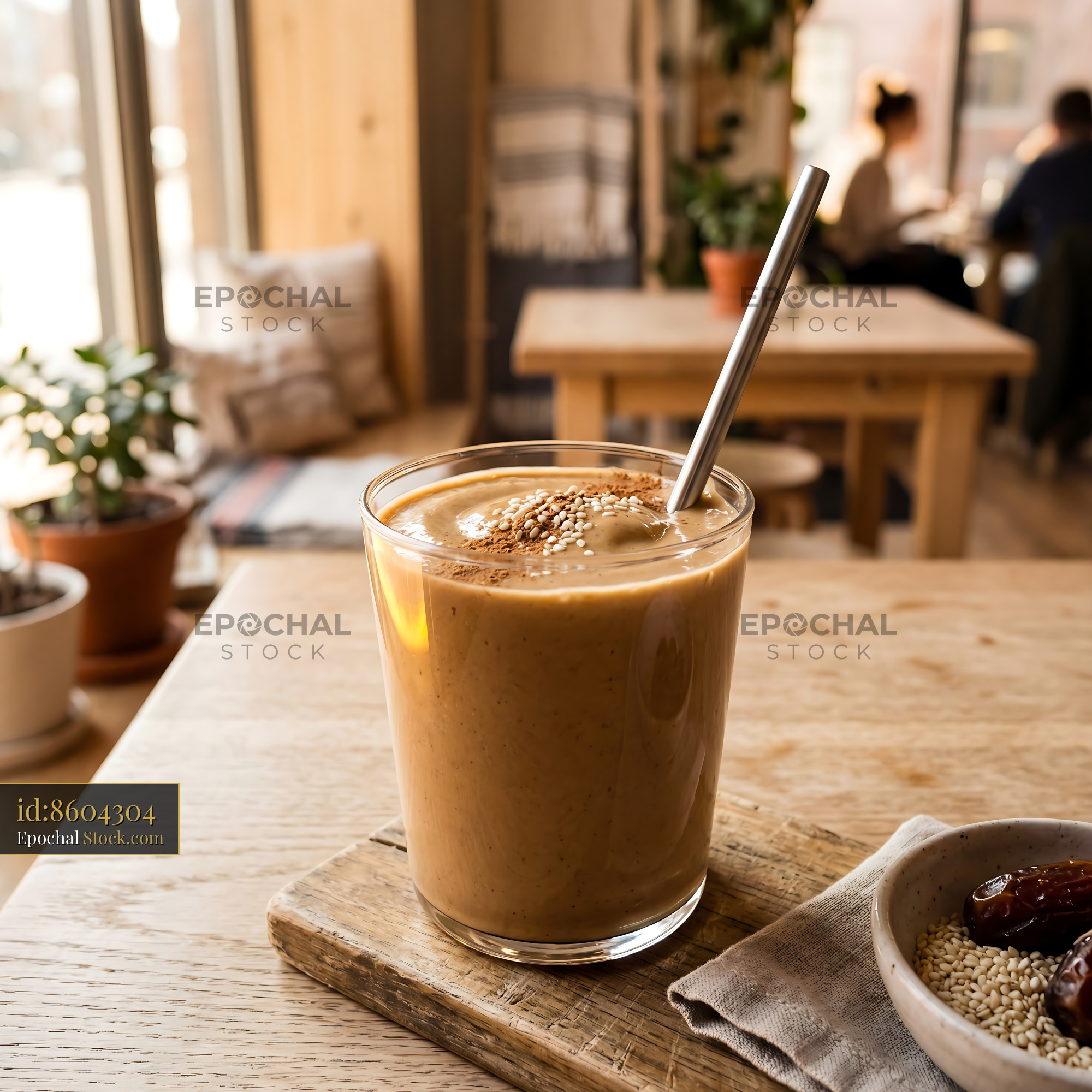 Iced Tahini Date Shake with Sesame Seeds - stock photo