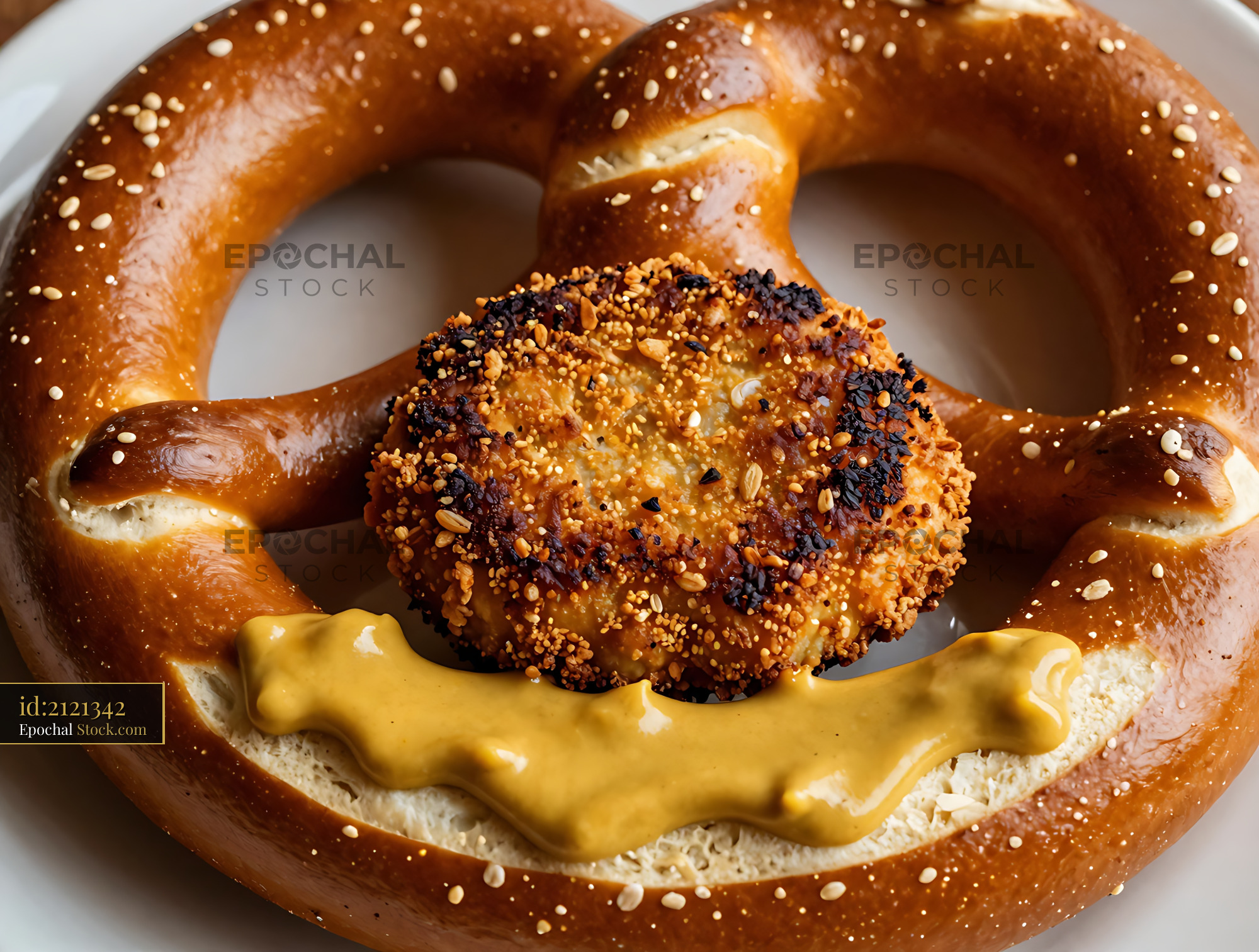Crispy Goetta with Mustard on Pretzel - stock photo