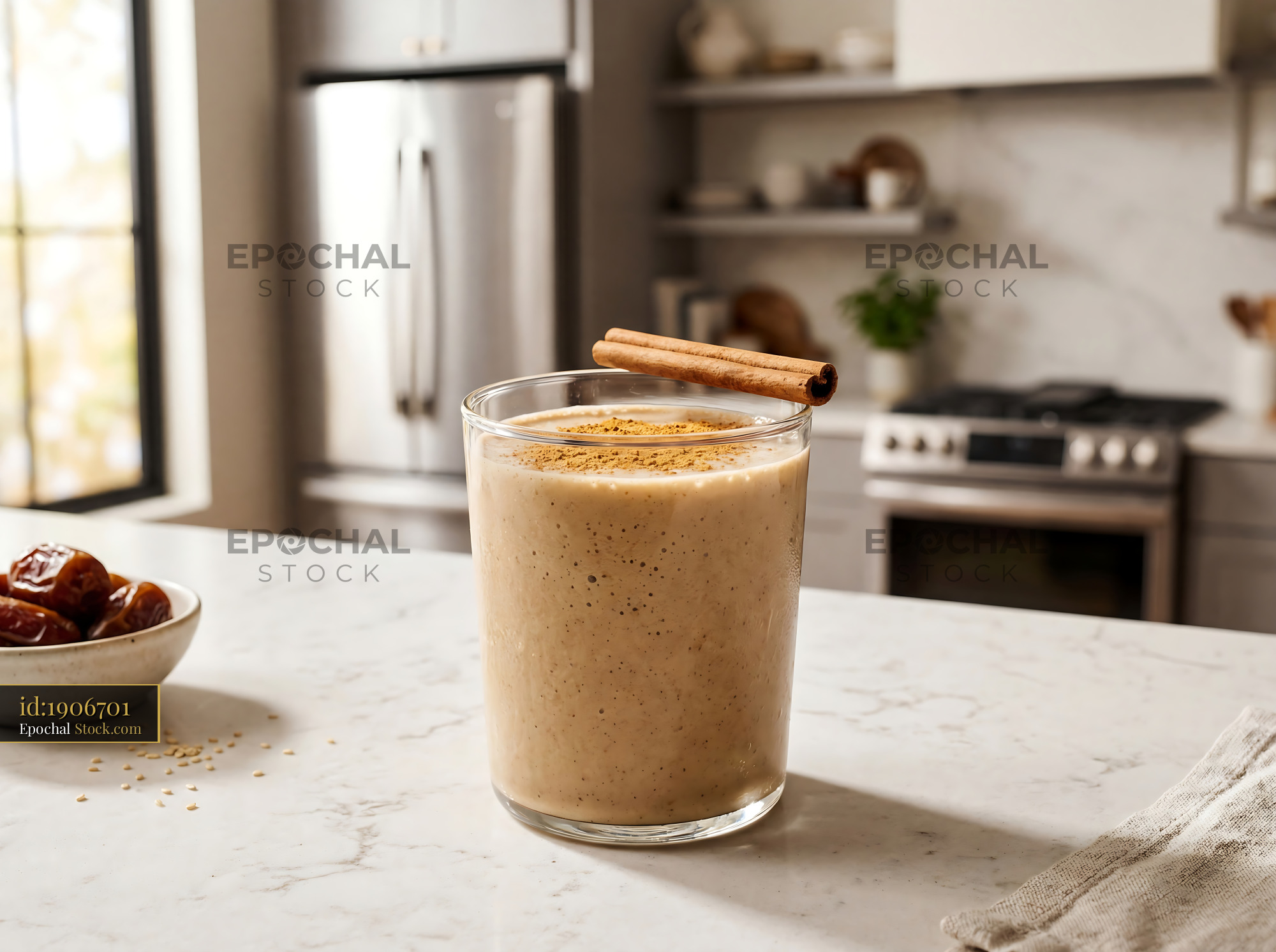 Tahini Date Shake with Cinnamon Stick Garnish - stock photo