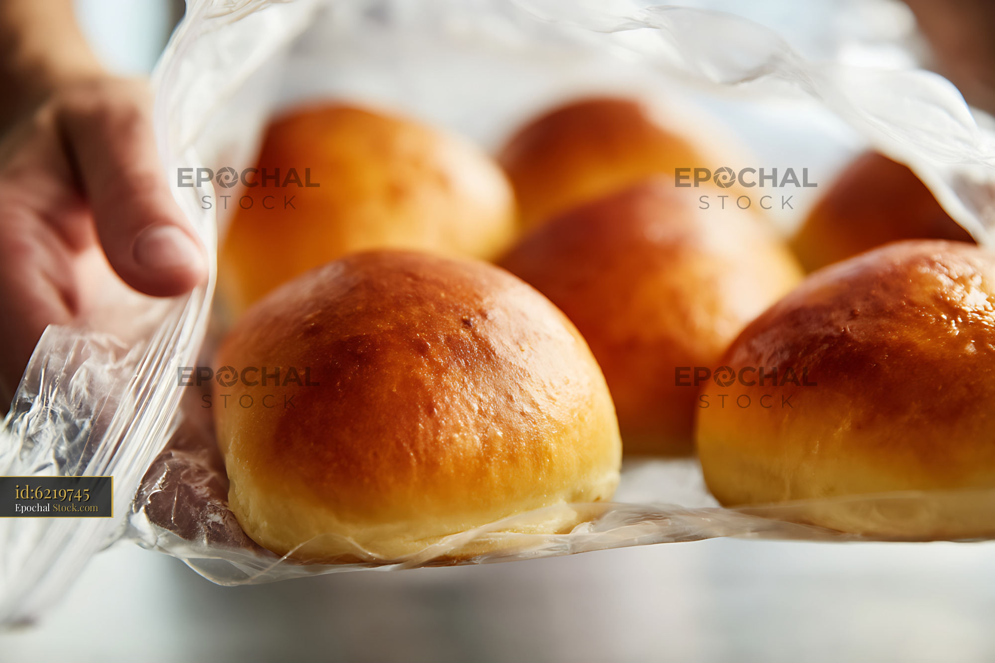 Bierocks Fresh-Baked Rolls Golden Brown in Clear Plastic Wrap - stock photo
