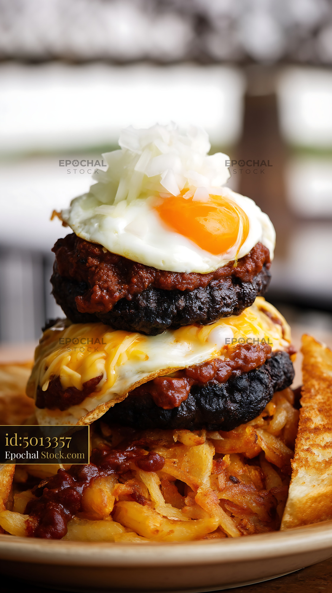 St. Louis Slinger Breakfast Burger with Eggs - stock photo