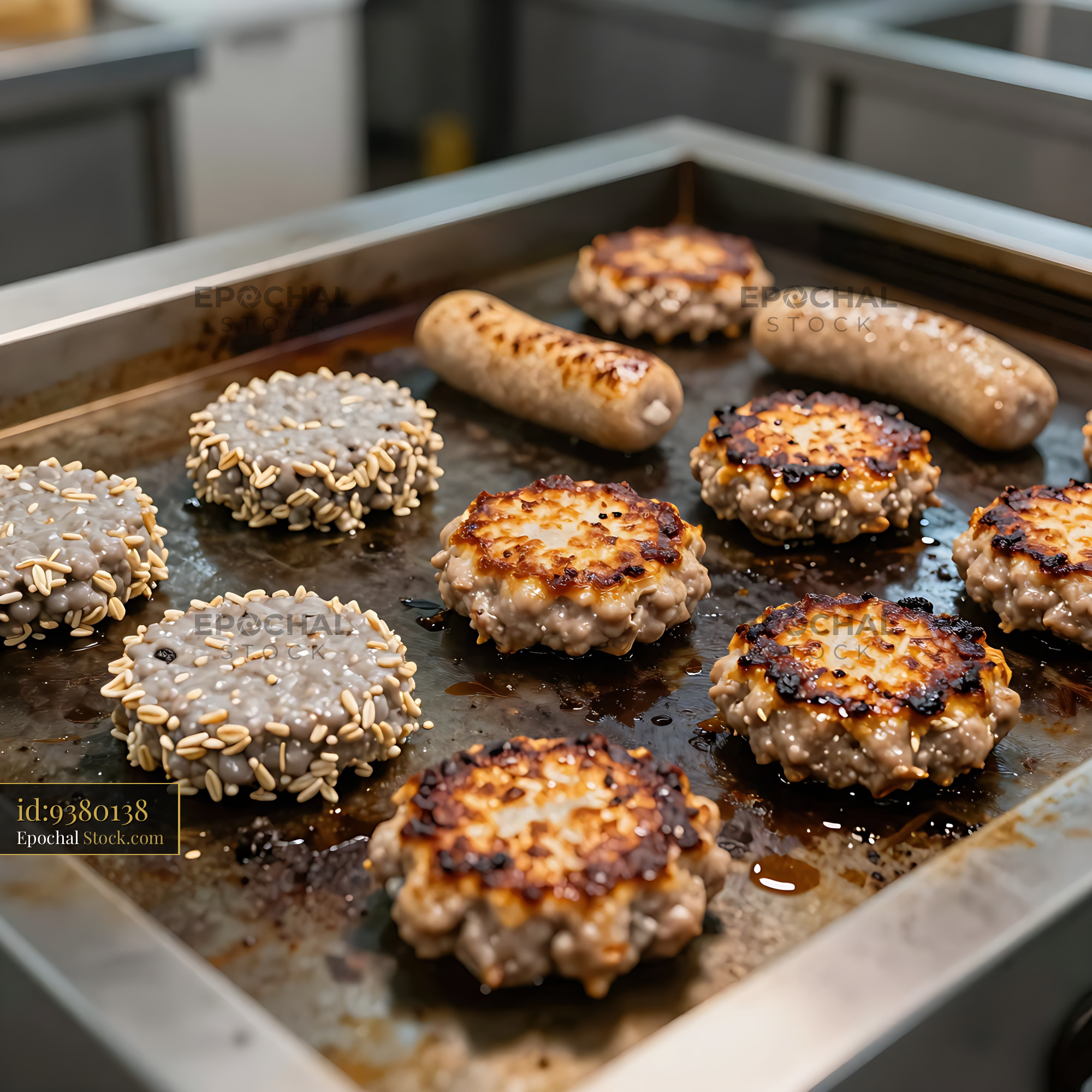 Goetta Patties Cooking on Commercial Griddle - stock photo
