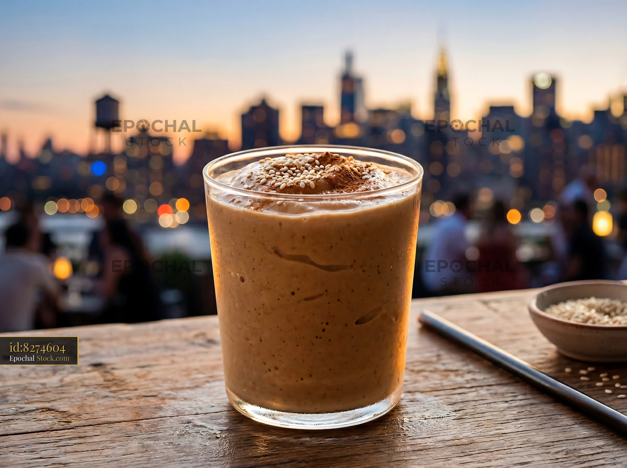 Cold Tahini Date Shake with Sesame Seeds, NYC - stock photo