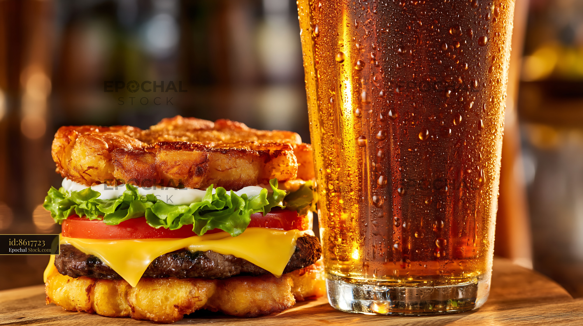 Jibarito Burger & Iced Beer on Wooden Table - stock photo
