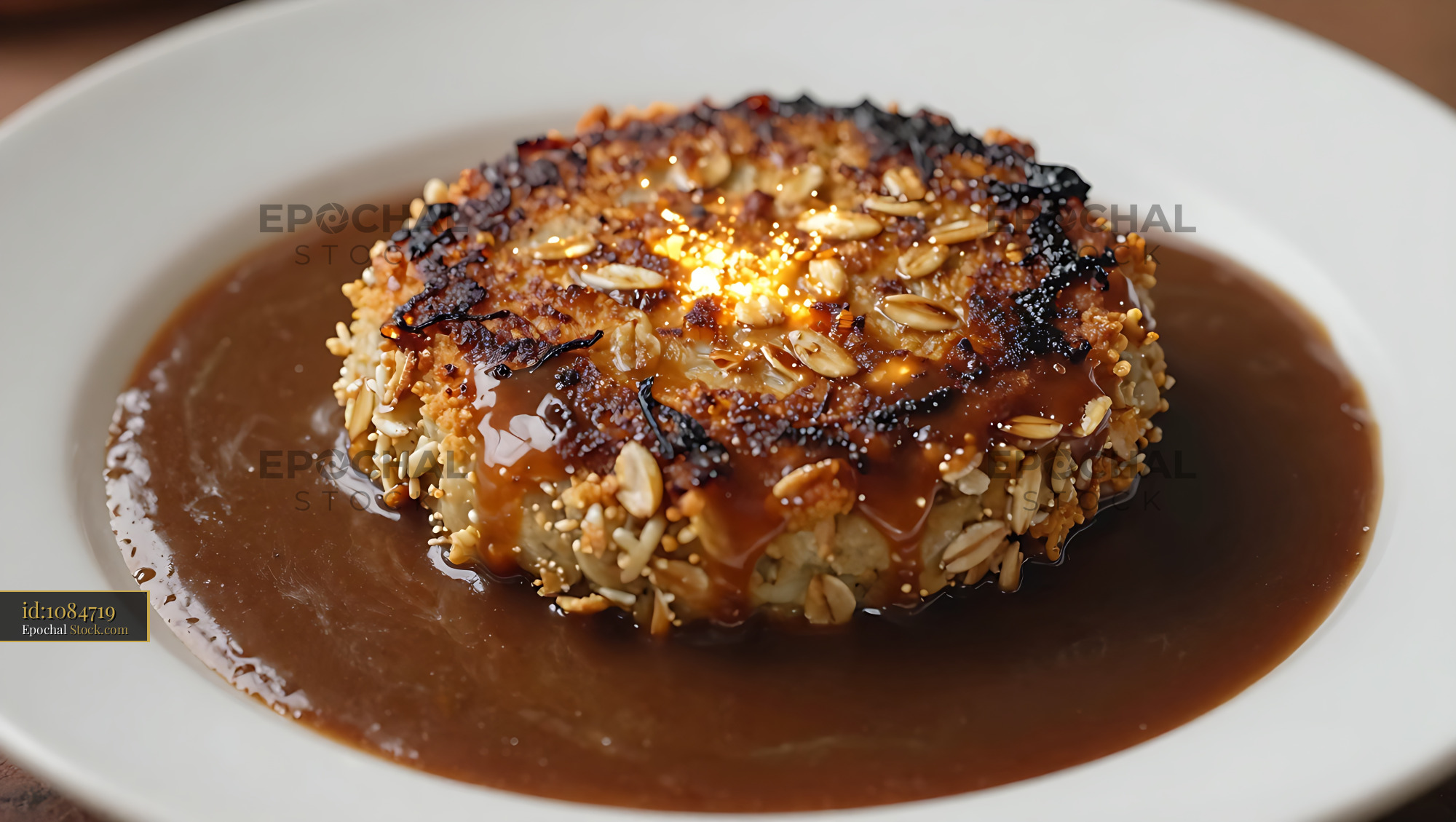Goetta Patty Smothered in Savory Gravy Sauce on White Plate - stock photo