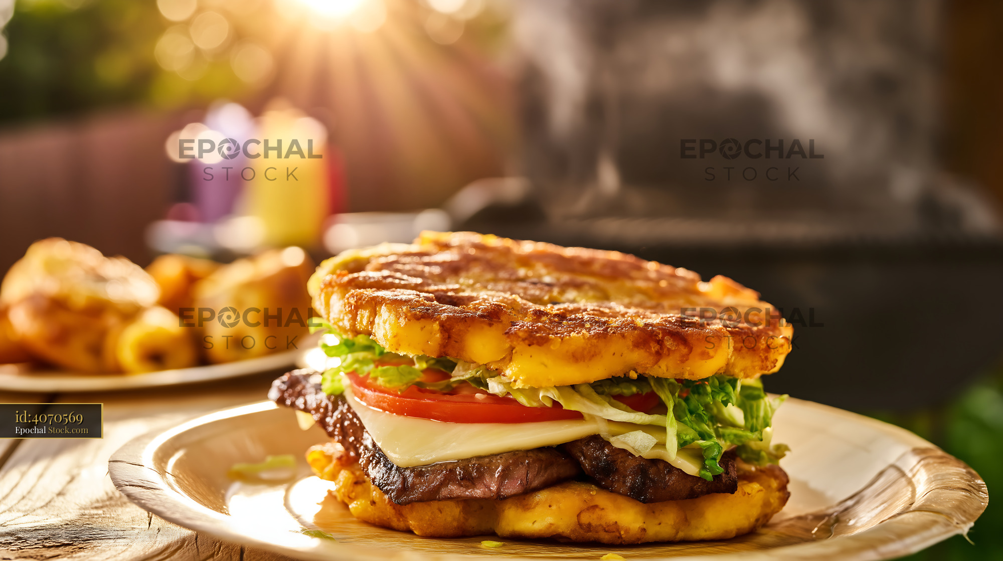Jibarito Burger with Plantain Buns and Tostones - stock photo