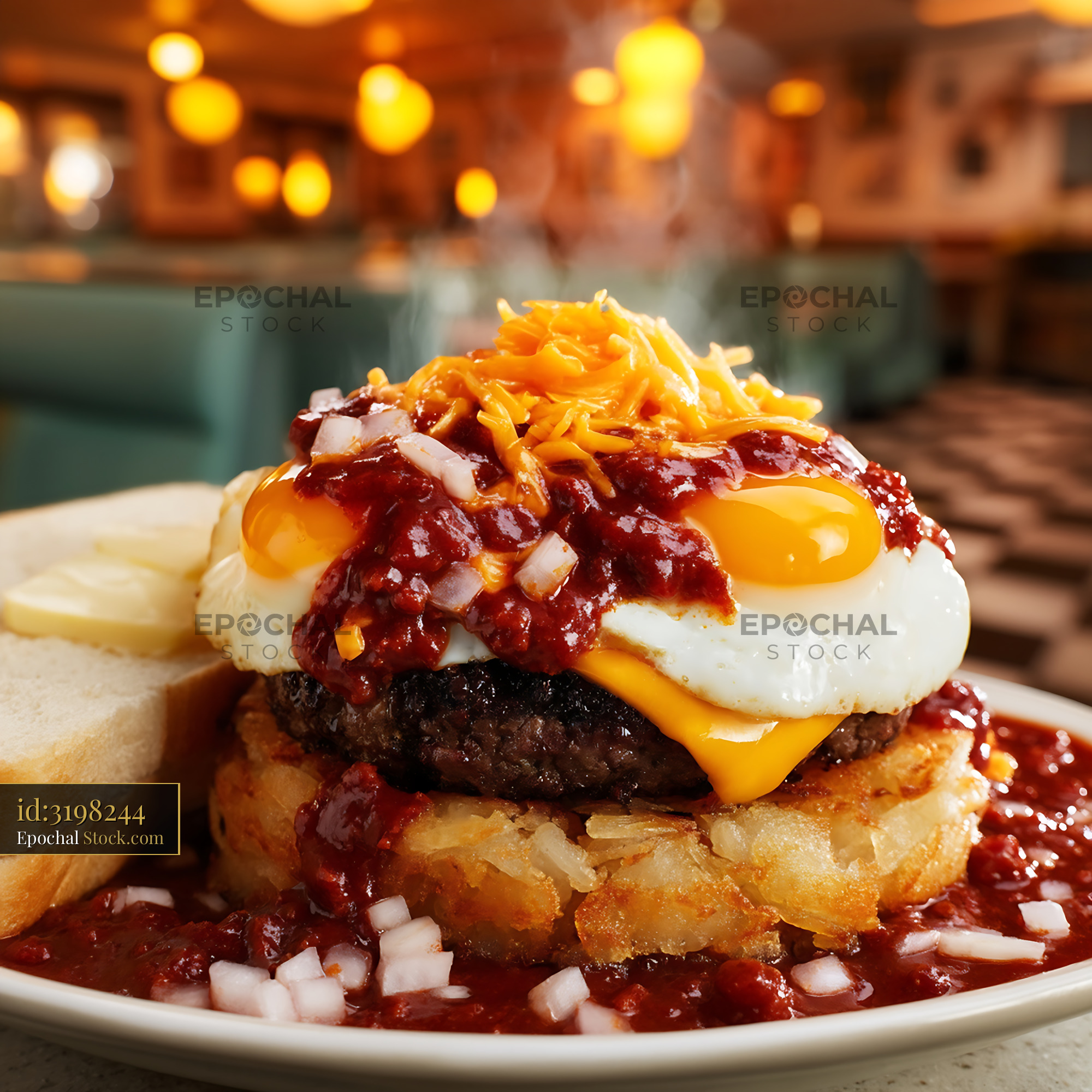 St. Louis Slinger with Runny Eggs and Hash Browns - stock photo