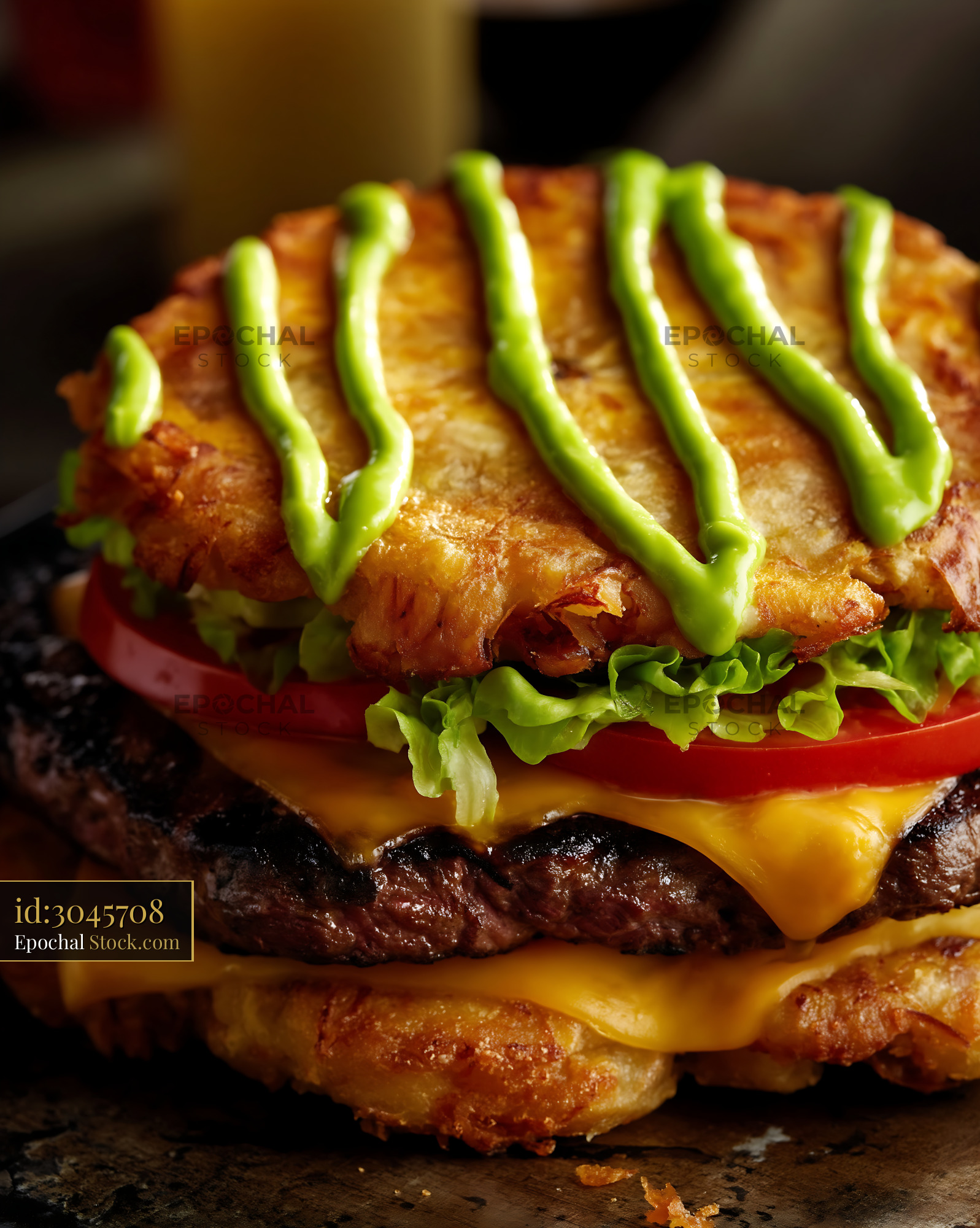 Jibarito Burger with Avocado and Melted Cheese on Dark Background - stock photo