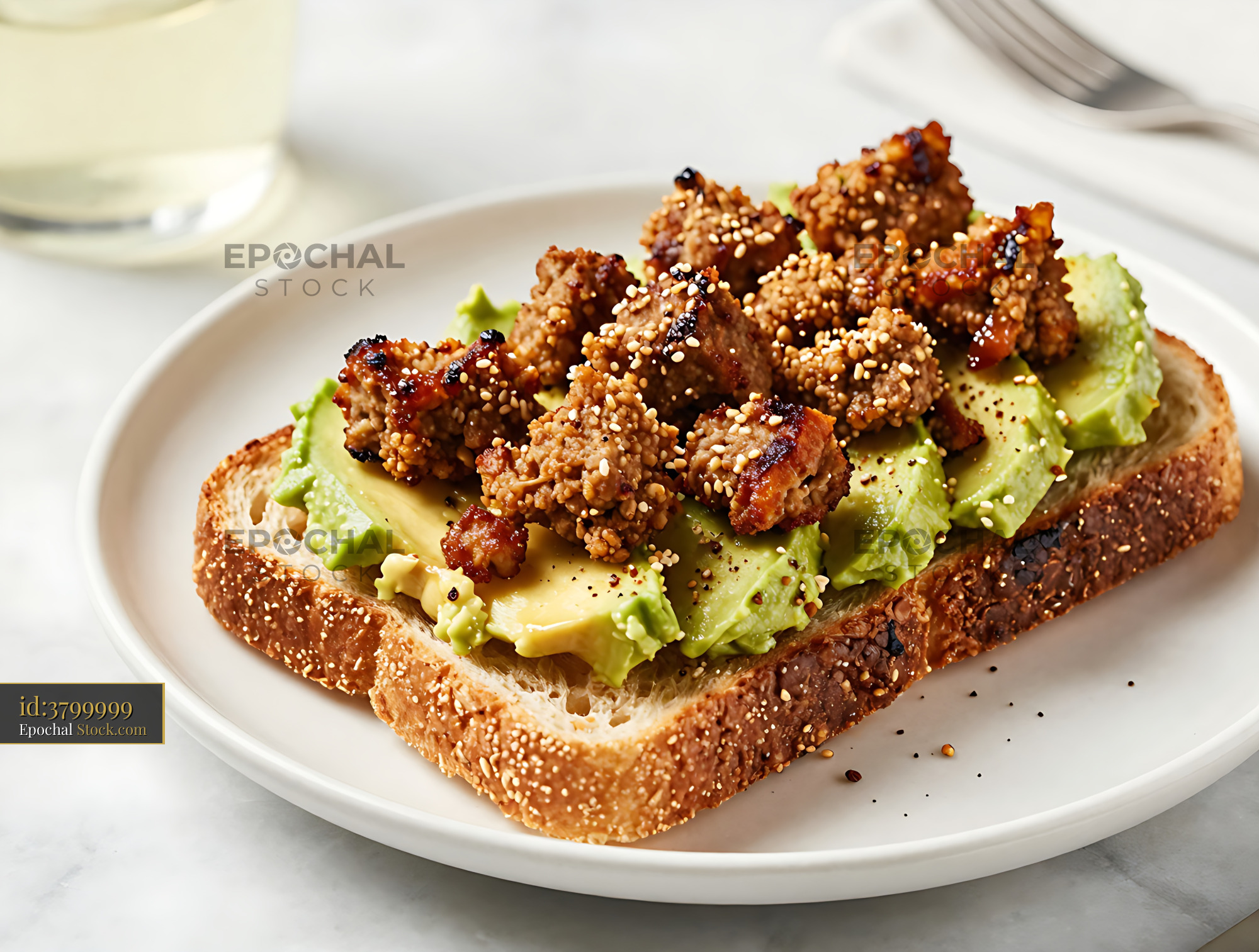 Goetta Toast with Avocado and Sesame - stock photo