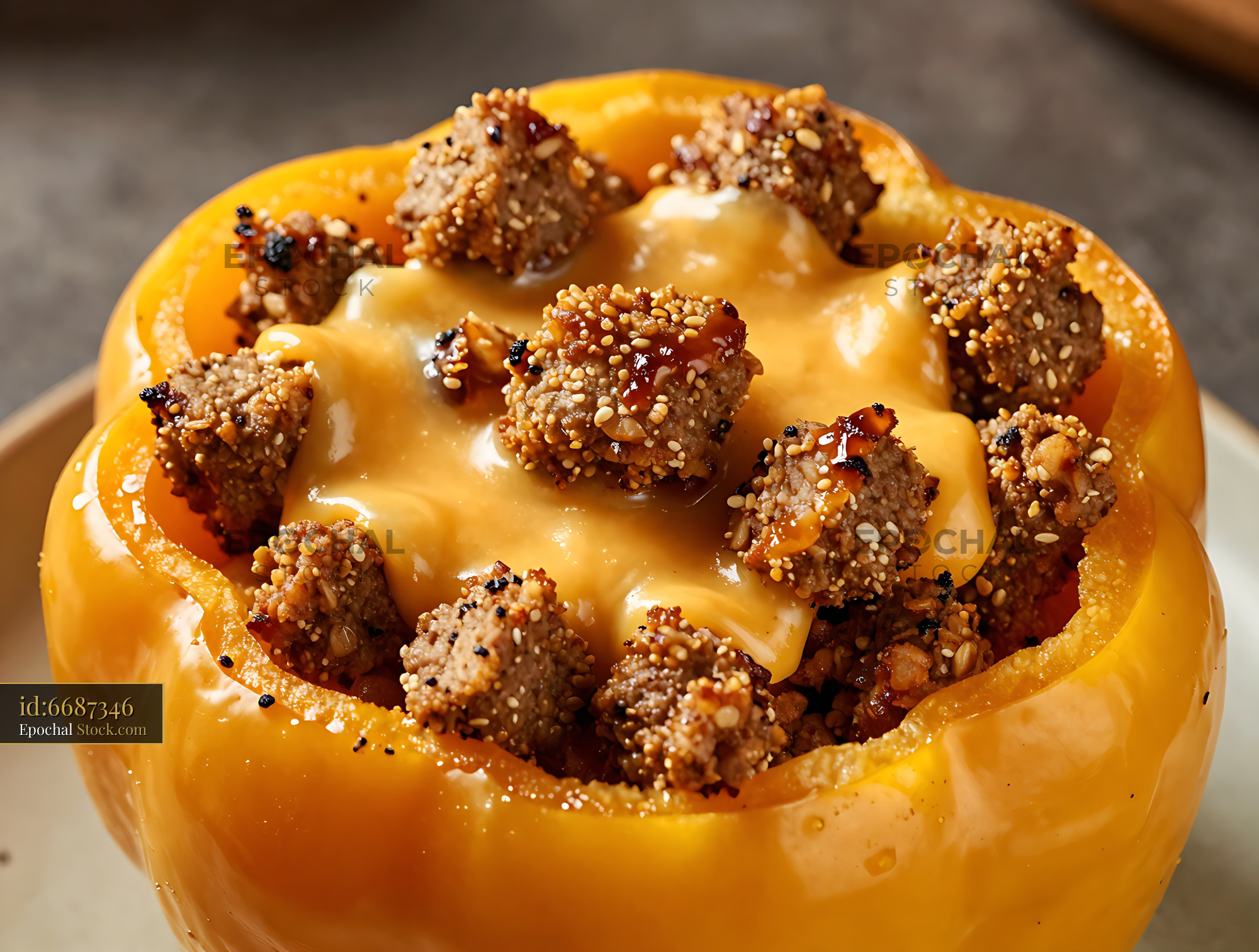Goetta Stuffed Bell Pepper with Cheese Sauce - stock photo