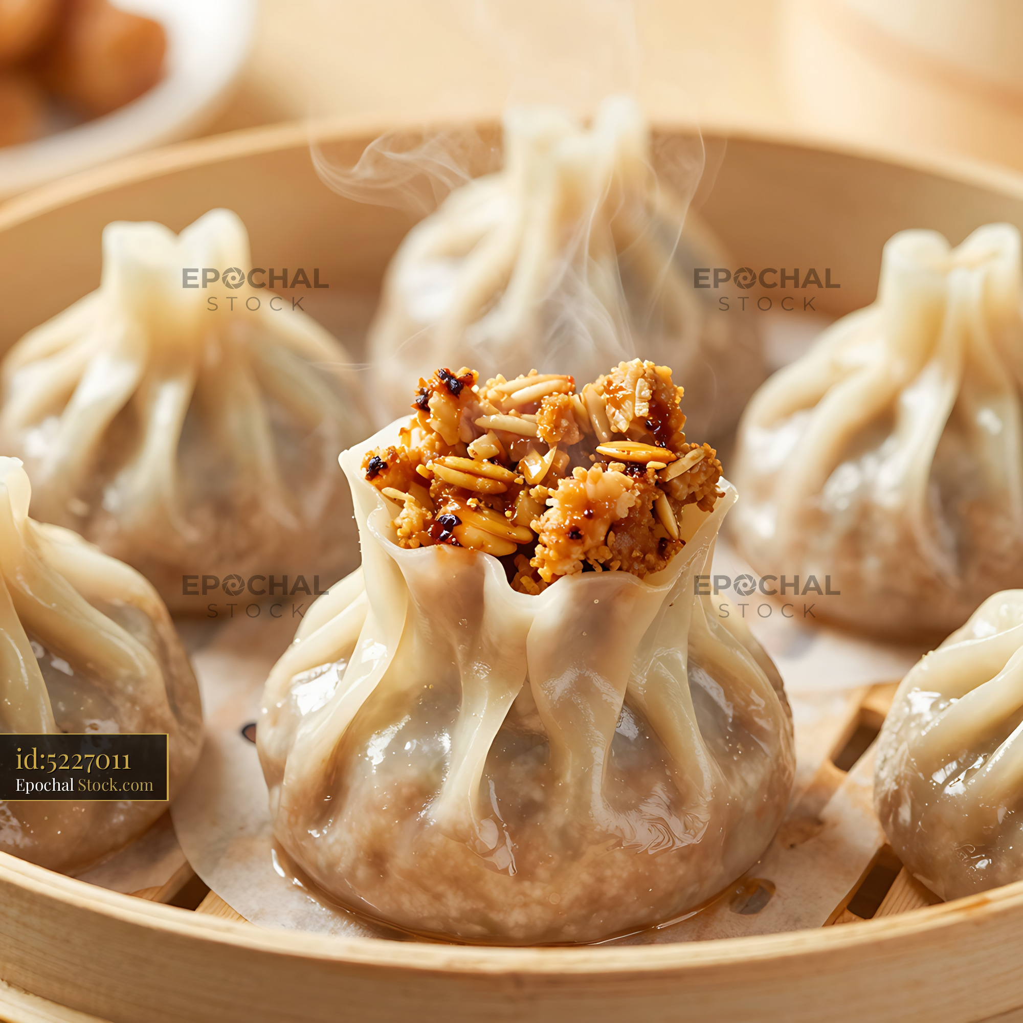 Goetta Filled Dumplings in Bamboo Steamer - stock photo