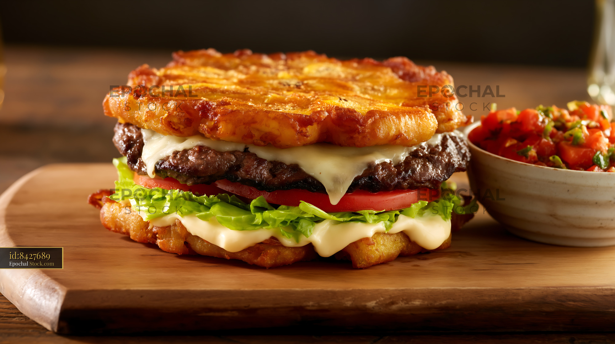 Crispy Jibarito Burger with Fried Plantain Buns, Beef, and Melted Cheese - stock photo