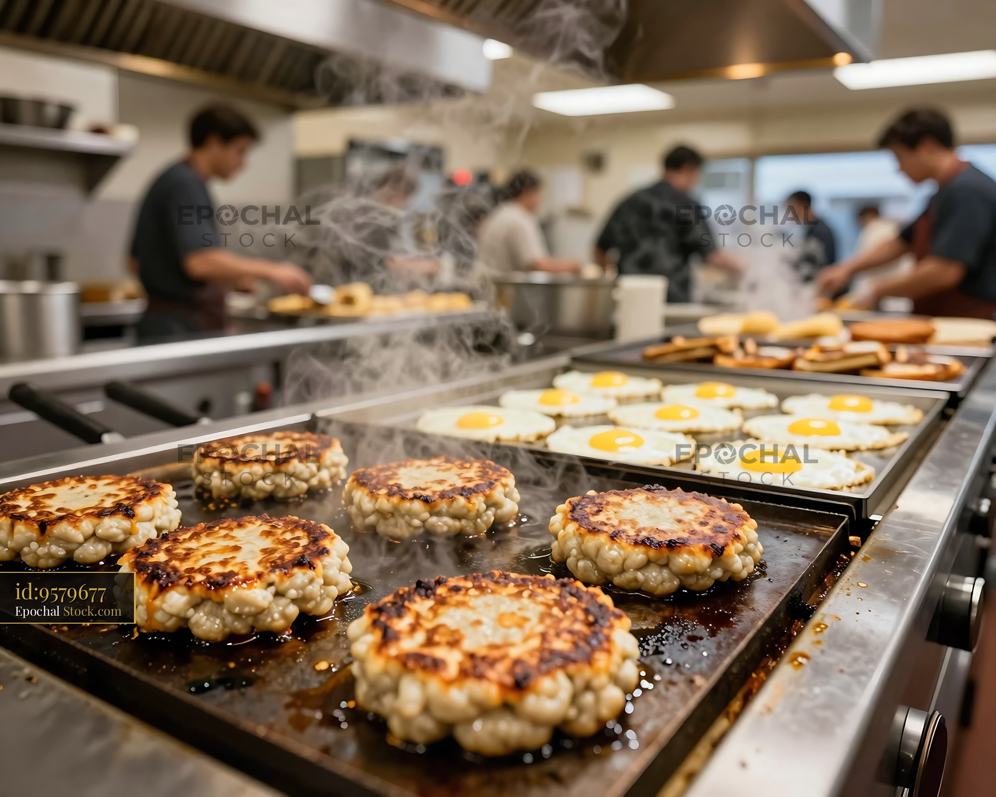 Goetta Patties Searing on Commercial Kitchen Griddle - stock photo