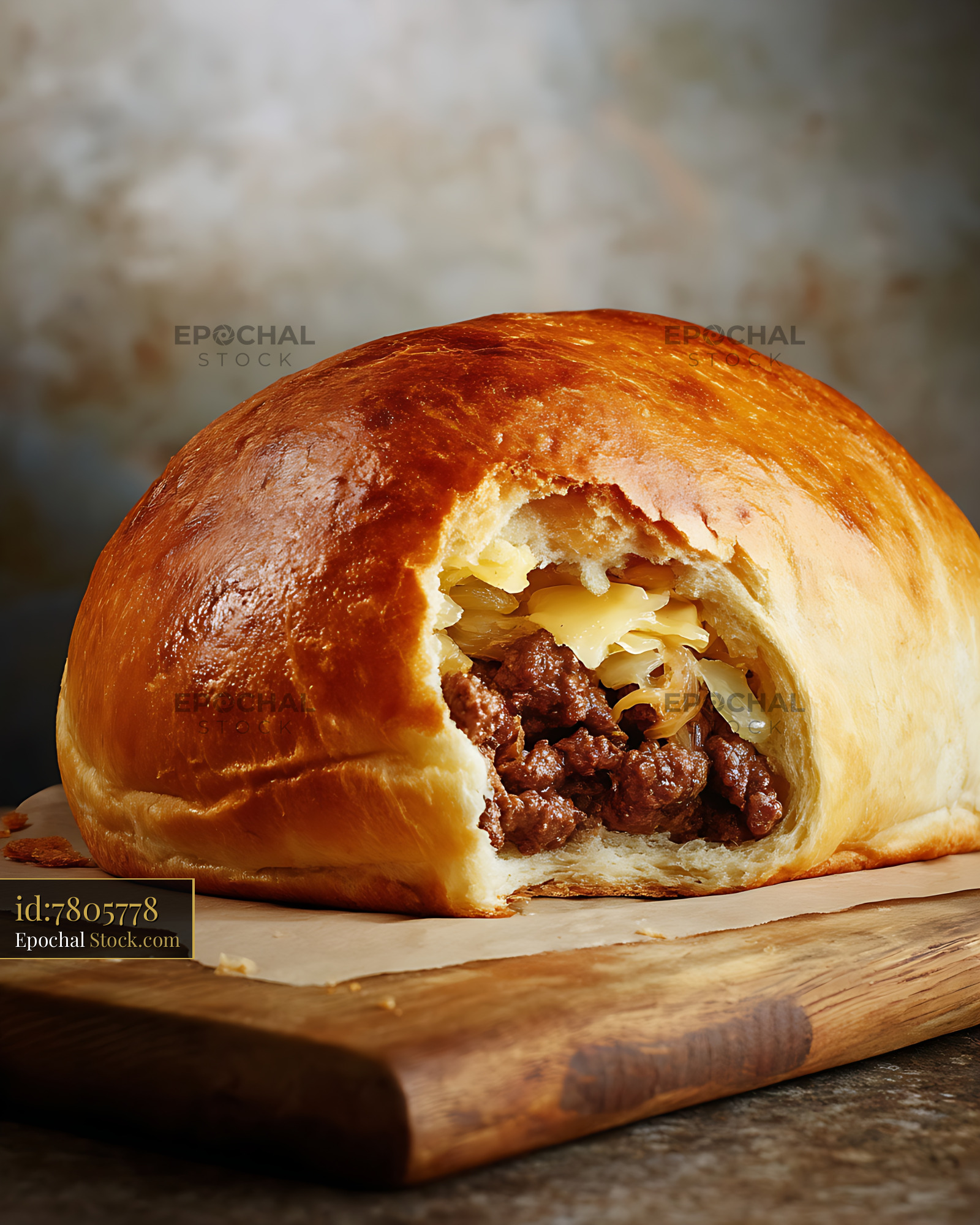 Bierocks Pastry Cut Open Revealing Ground Beef and Melted Cheese Filling - stock photo