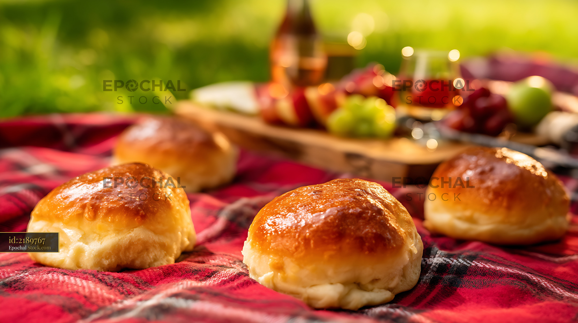 Golden Bierocks on Red Plaid with Fresh Garden Vegetables and Picnic Spread - stock photo