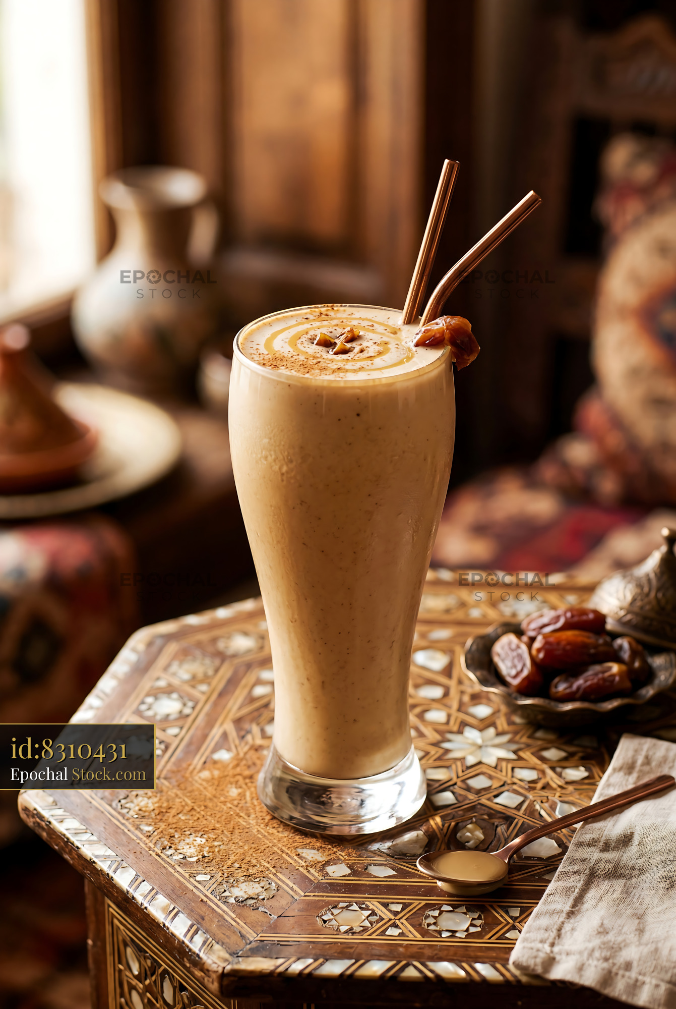 Tahini Date Shake with Spiced Topping - stock photo