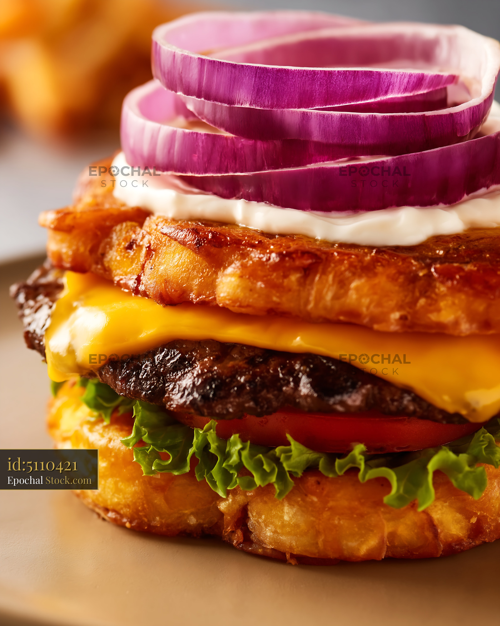 Gourmet Jibarito Burger Stacked with Melted Cheese, Beef, and Fresh Toppings - stock photo