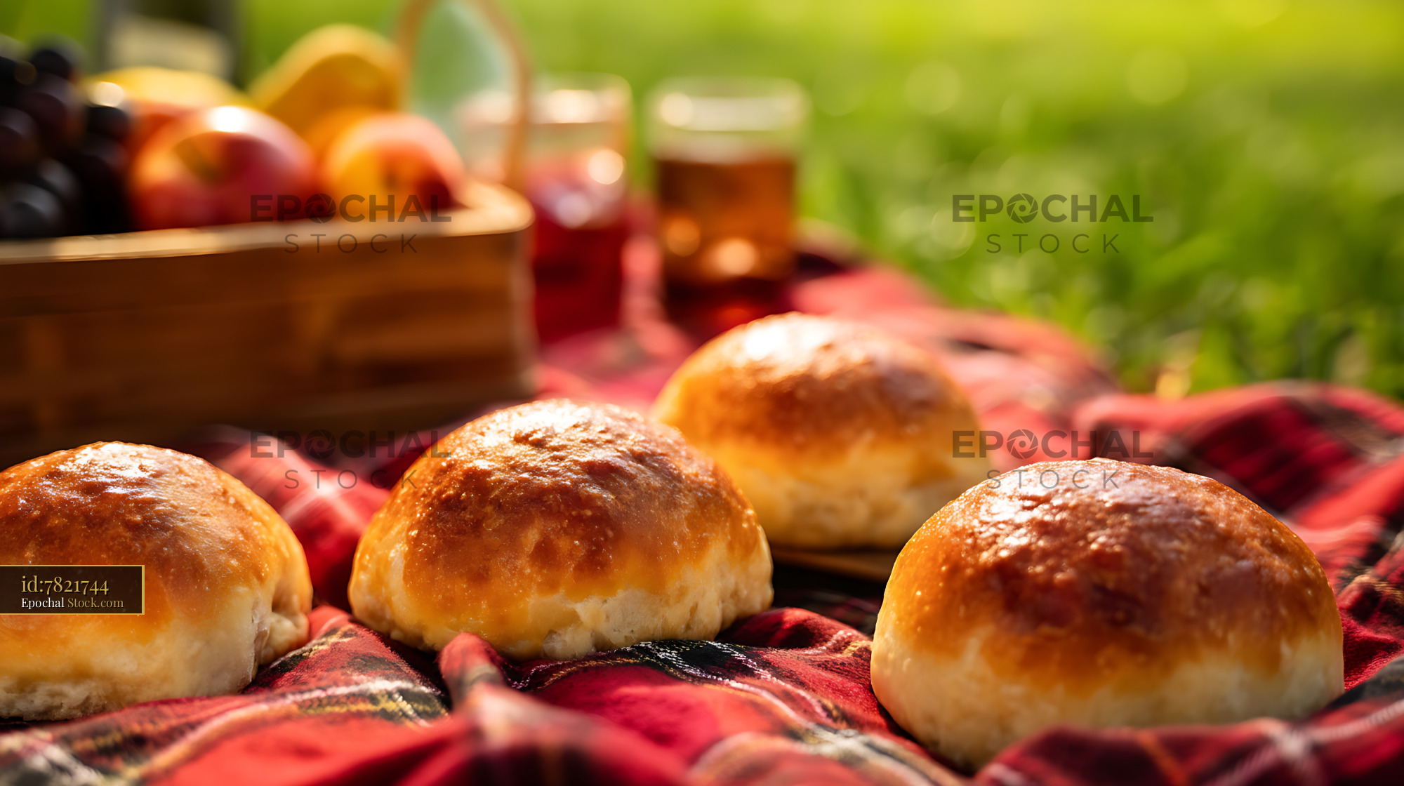 Homemade Bierocks on Picnic Blanket with Fresh Fruit and Beverages - stock photo