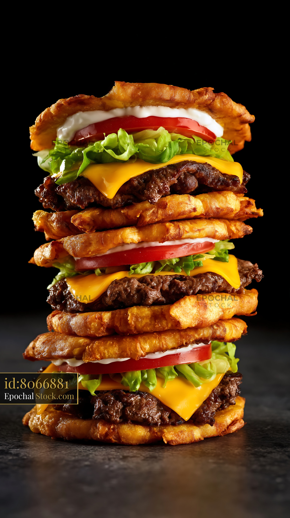 Jibarito Burger Triple Beef Stack with Melted Cheese and Fried Plantains - stock photo