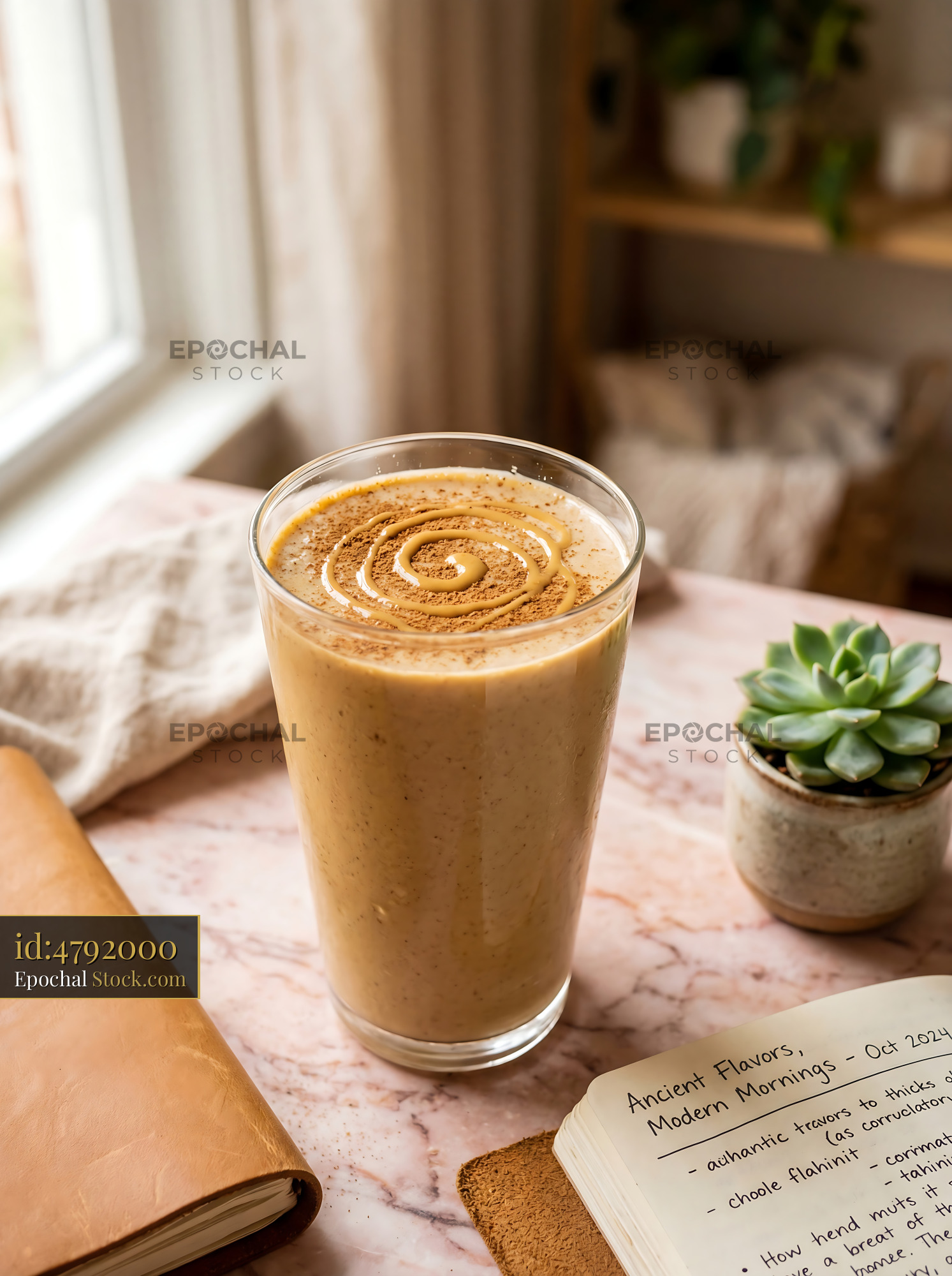 Tahini Date Shake with Cinnamon in Cozy Space - stock photo