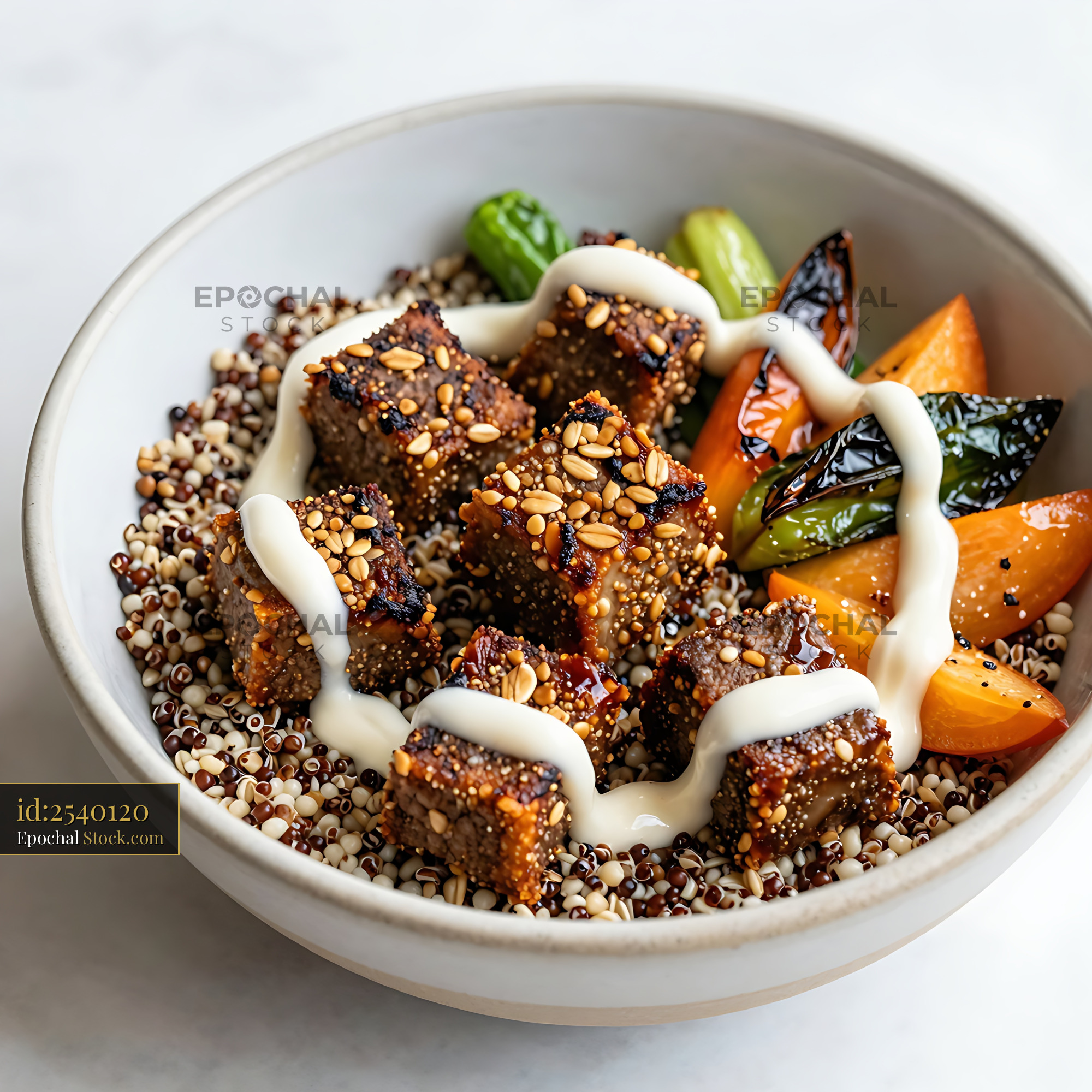 Goetta Patties with Quinoa, Roasted Vegetables and Cream Sauce - stock photo