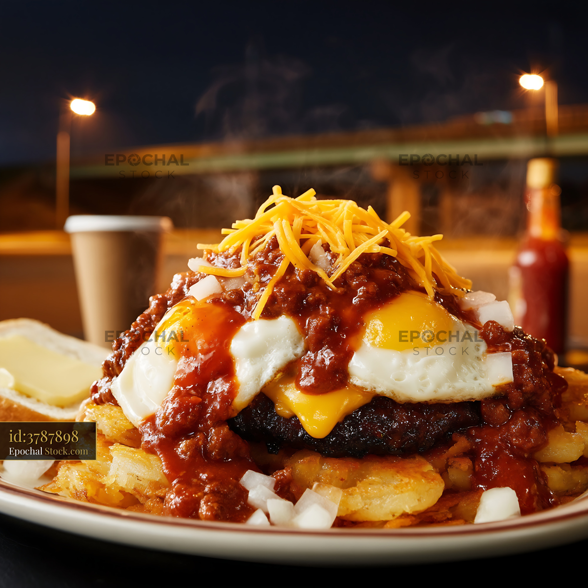 St. Louis Slinger Topped Burger & Hash Browns - stock photo
