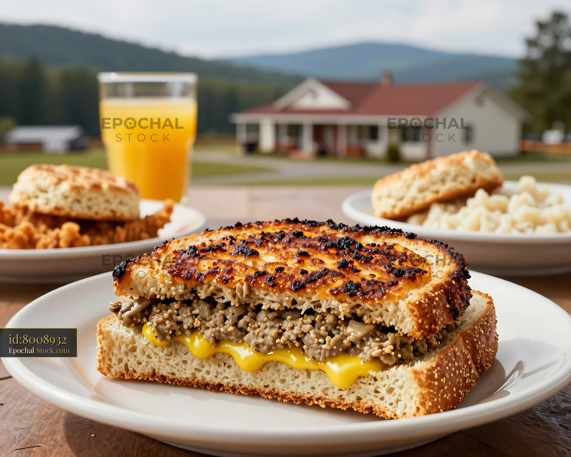 Livermush Sandwich on Seeded Bread Farm Table - stock photo