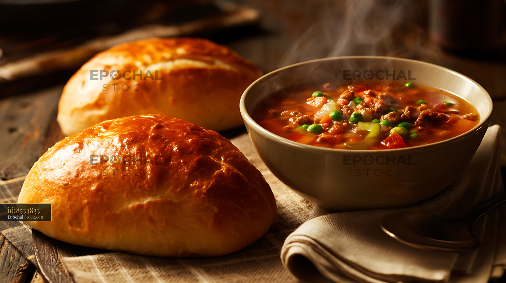 Bierocks and Beef Stew, Warm Rustic Comfort Food Meal - stock photo