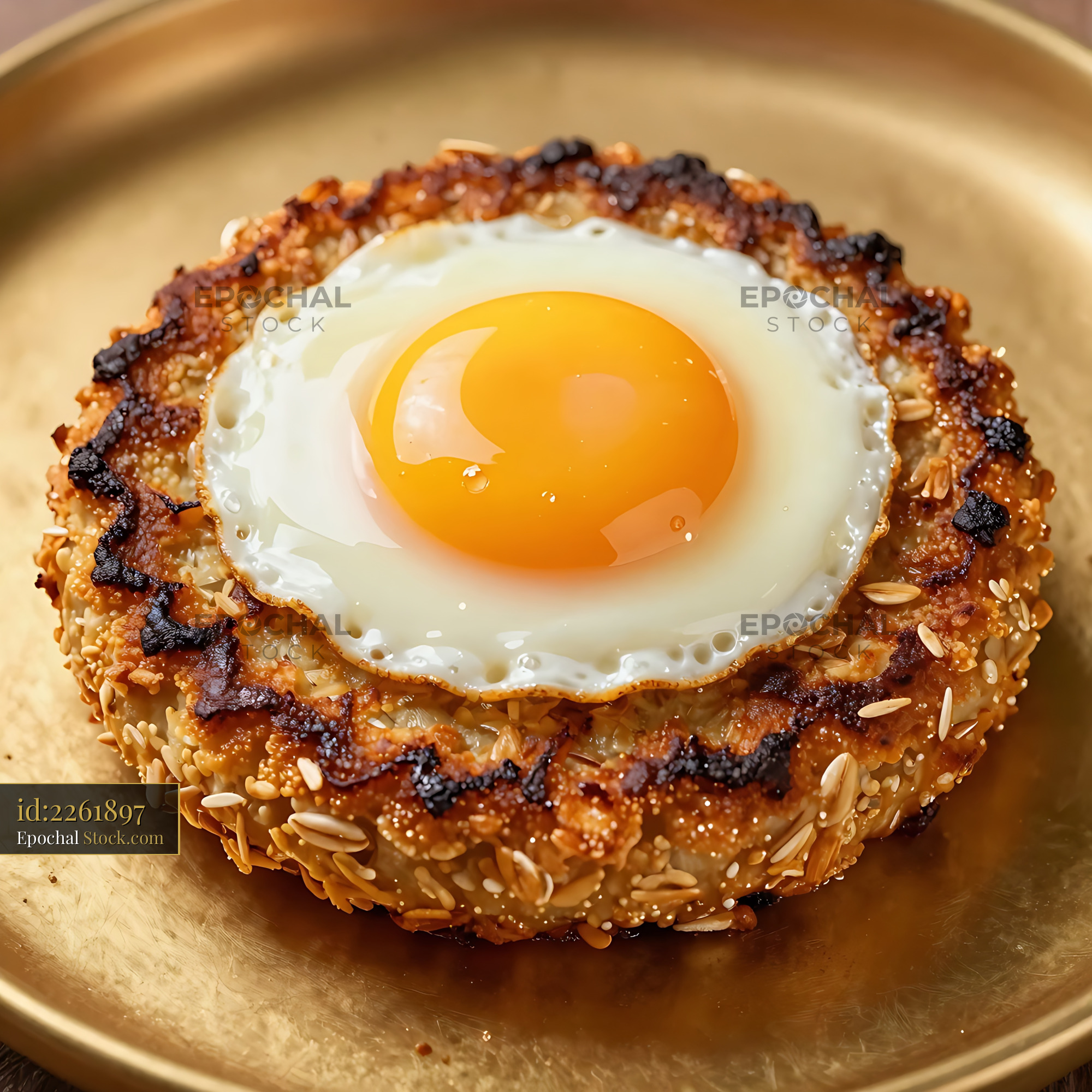 Goetta with Fried Egg on Golden Pan, Cincinnati Breakfast - stock photo