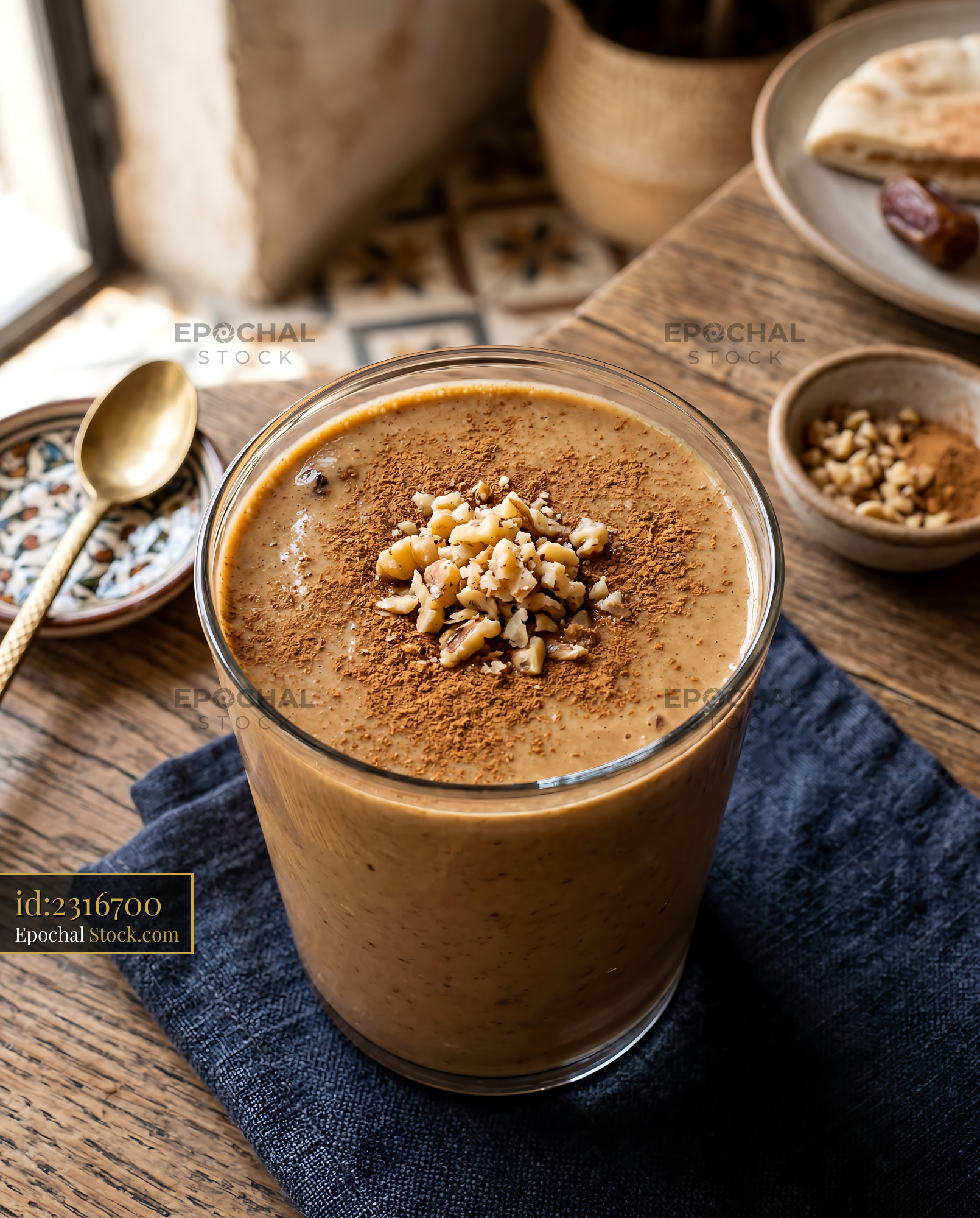 Tahini Date Shake with Walnut Topping - stock photo