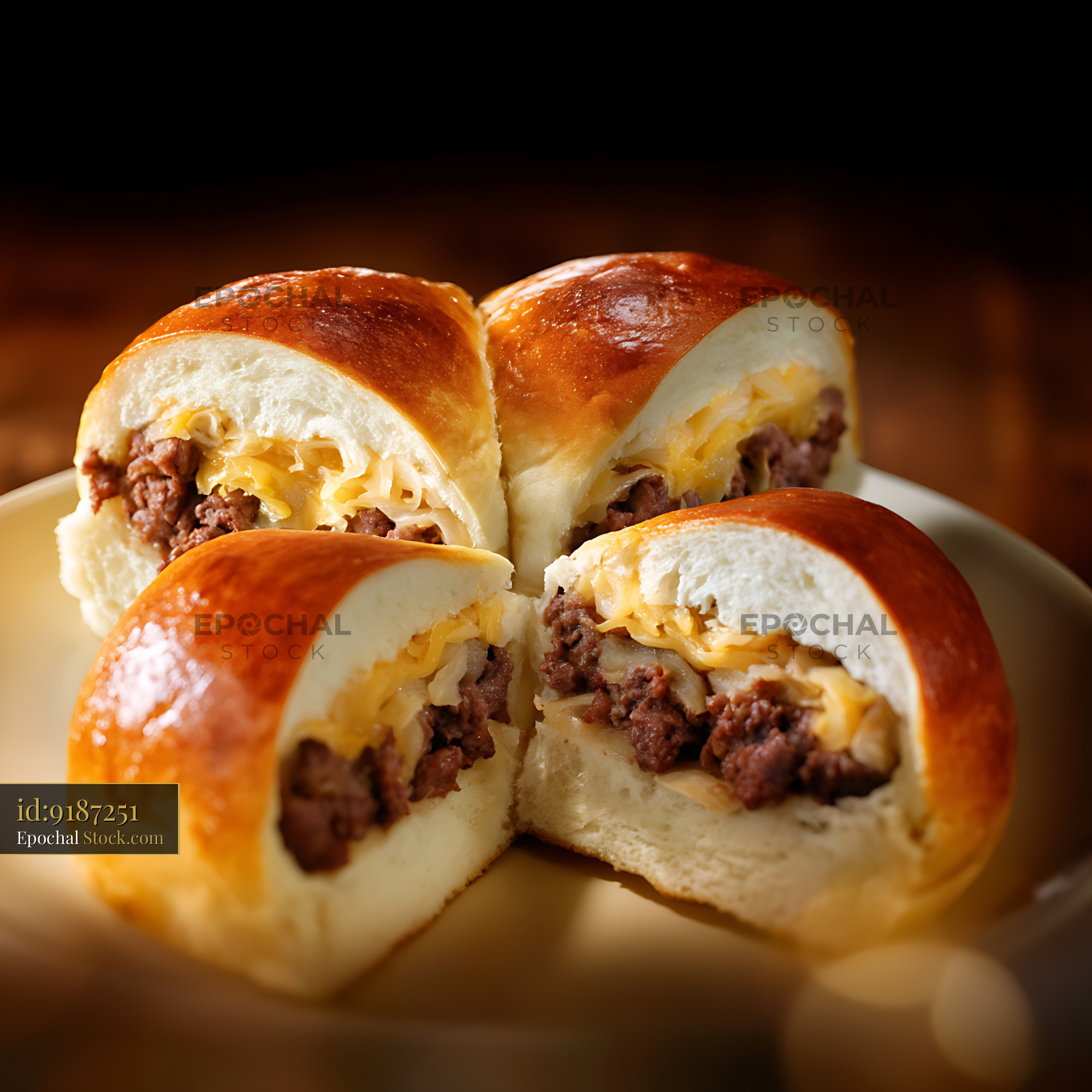 Golden Bierocks with Beef Filling on Plate, Warm Lighting - stock photo
