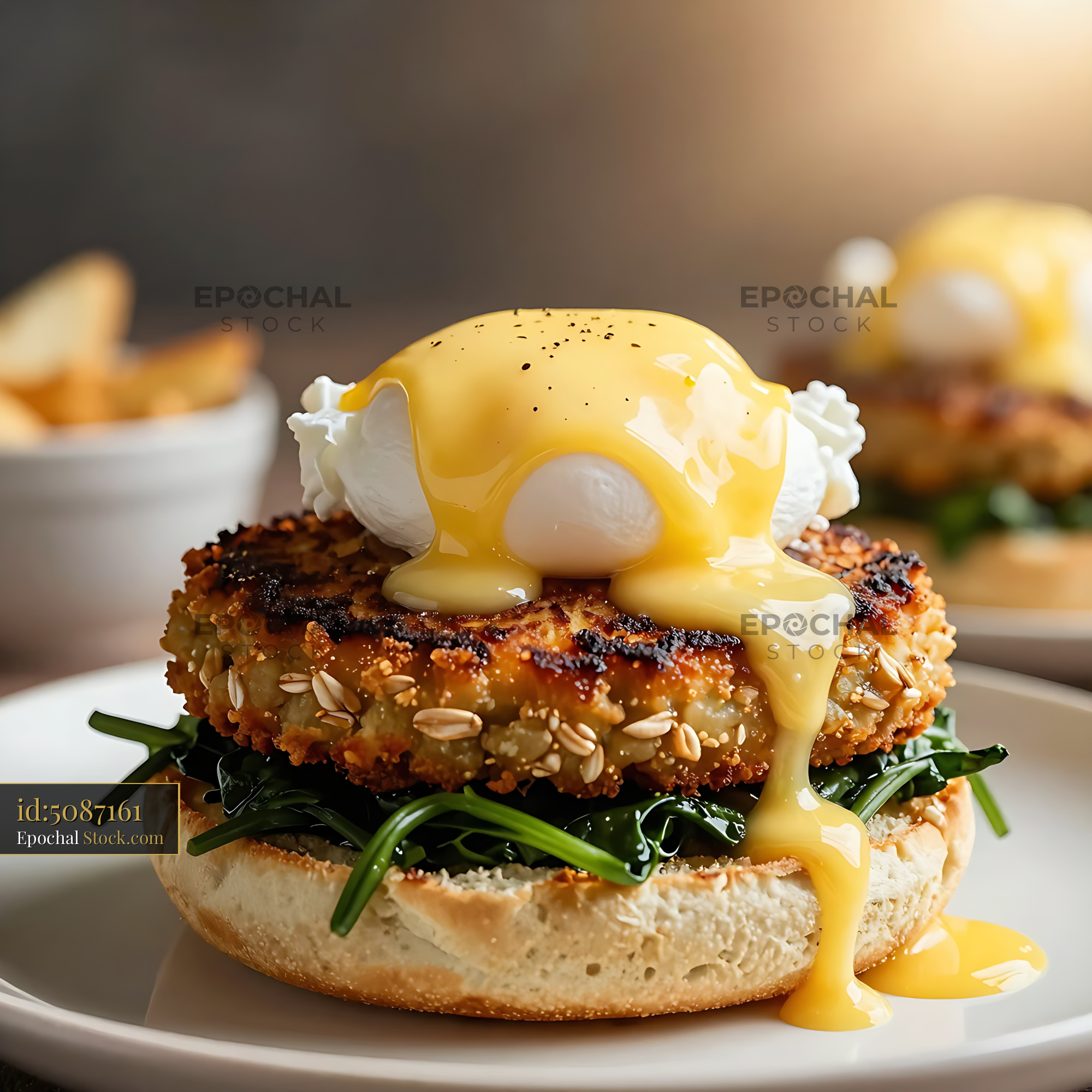 Goetta Breakfast Sandwich Eggs Benedict - stock photo